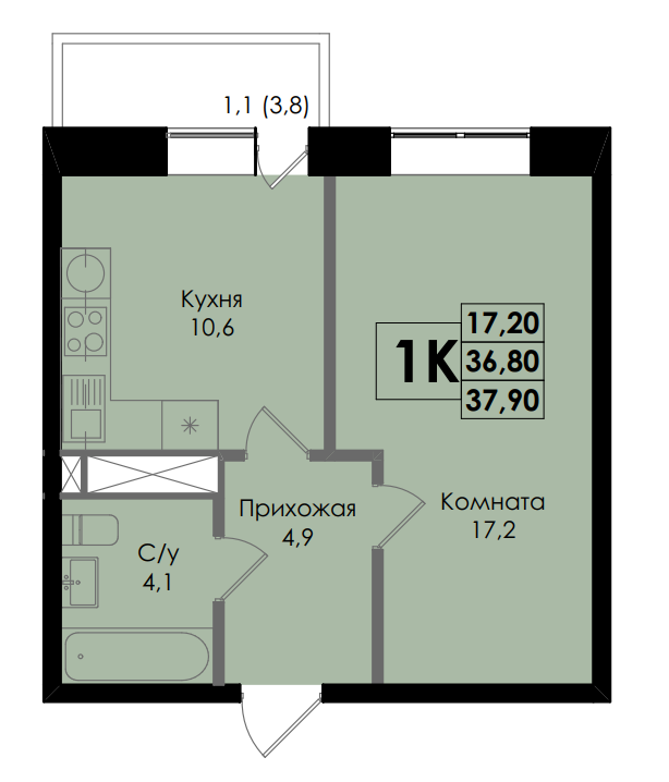 Планировка 1-комн. в ЖК «BOTANIKA»