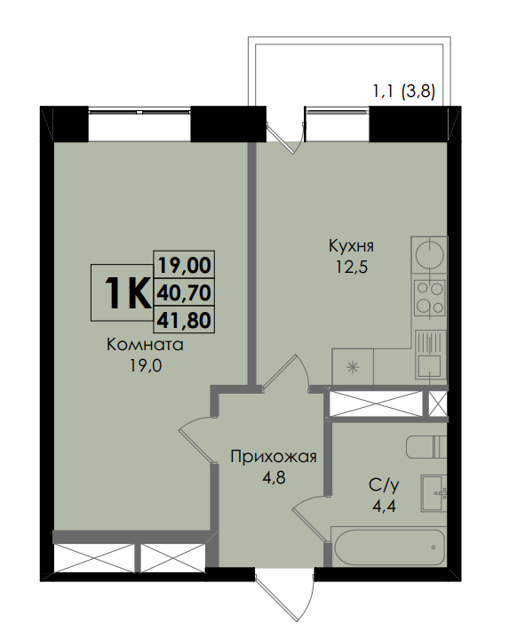 Планировка 1-комн. в ЖК «BOTANIKA»