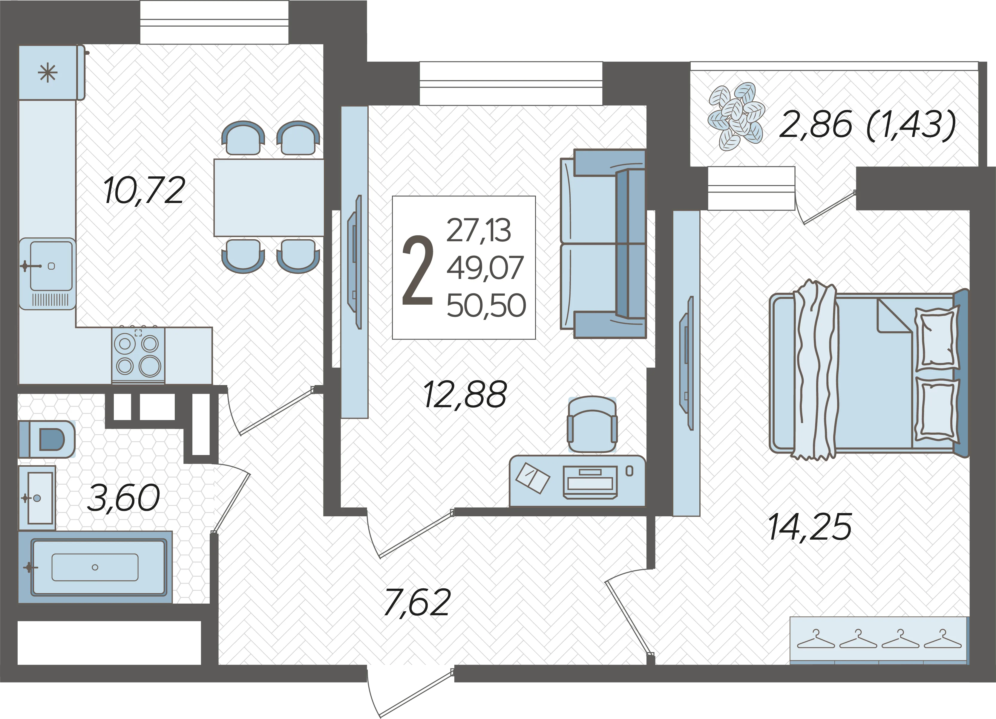 Планировка 2-комн. в ЖК «Смородина»