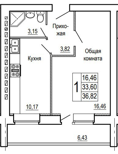 Планировка 1-комн. в ЖК «Сиреневый квартал»
