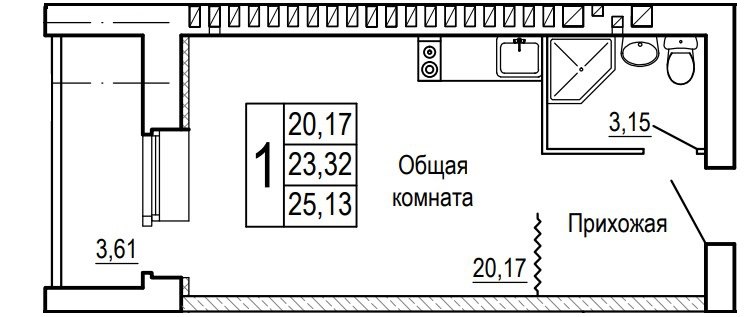 Планировка Студия в ЖК «Сиреневый квартал»