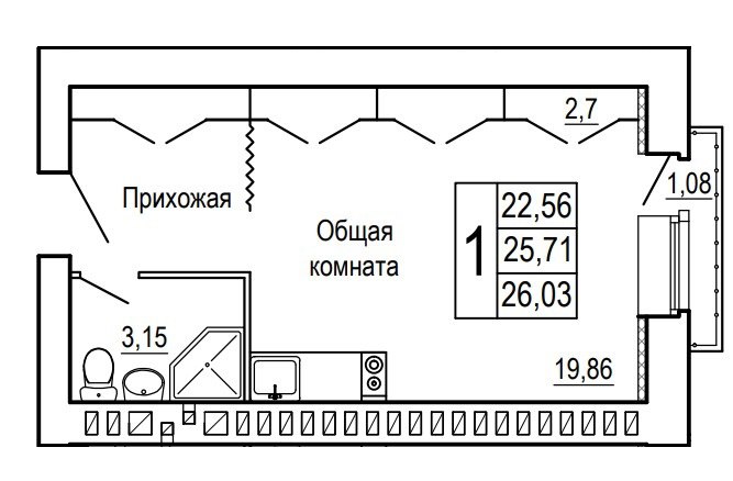 Планировка Студия в ЖК «Сиреневый квартал»
