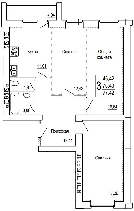 Планировка 3-комн. в ЖК «Сиреневый квартал»