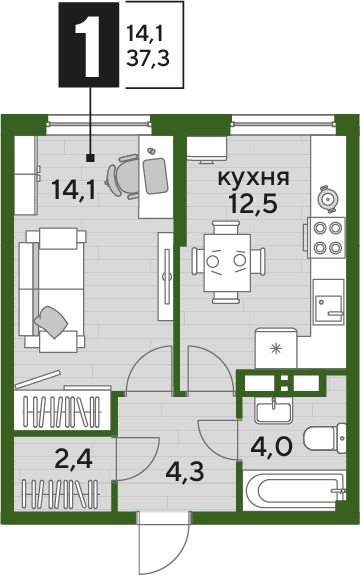 Планировка 1-комн. в ЖК «Догма Парк»