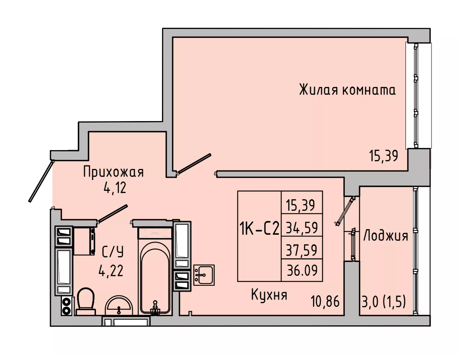 Планировка 1-комн. в ЖК «Луна»