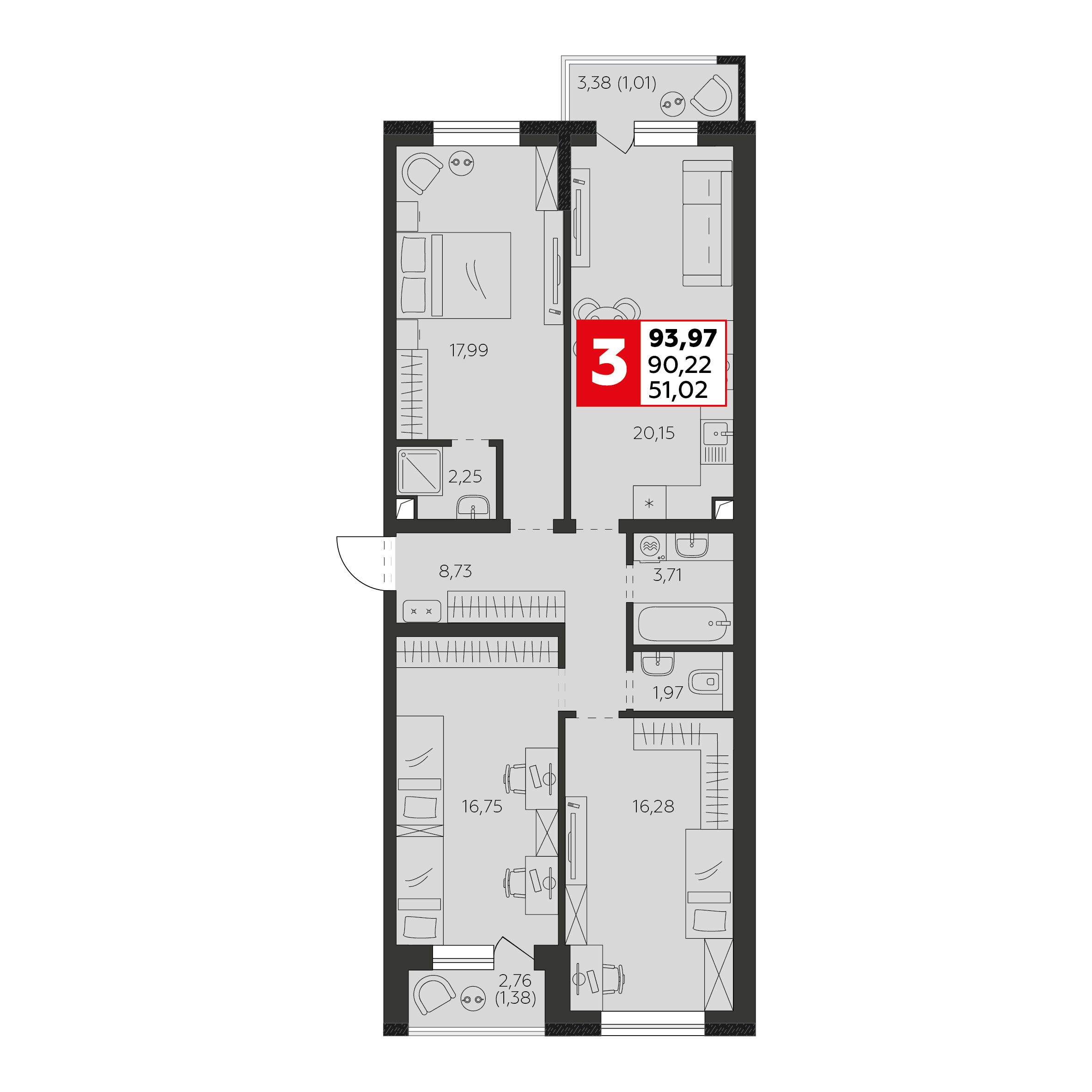Планировка 3-комн. в ЖК «К24»