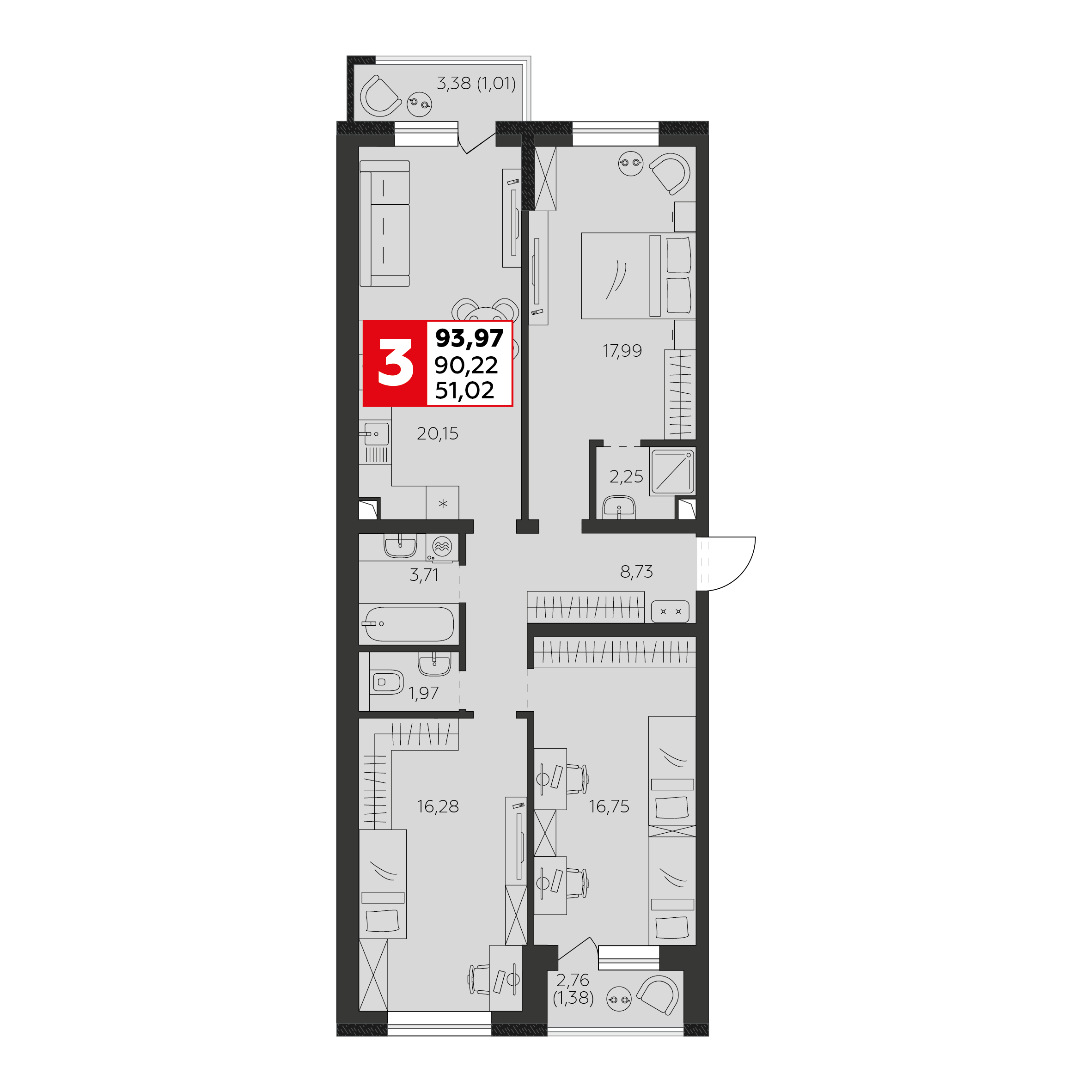 Планировка 3-комн. в ЖК «К24»