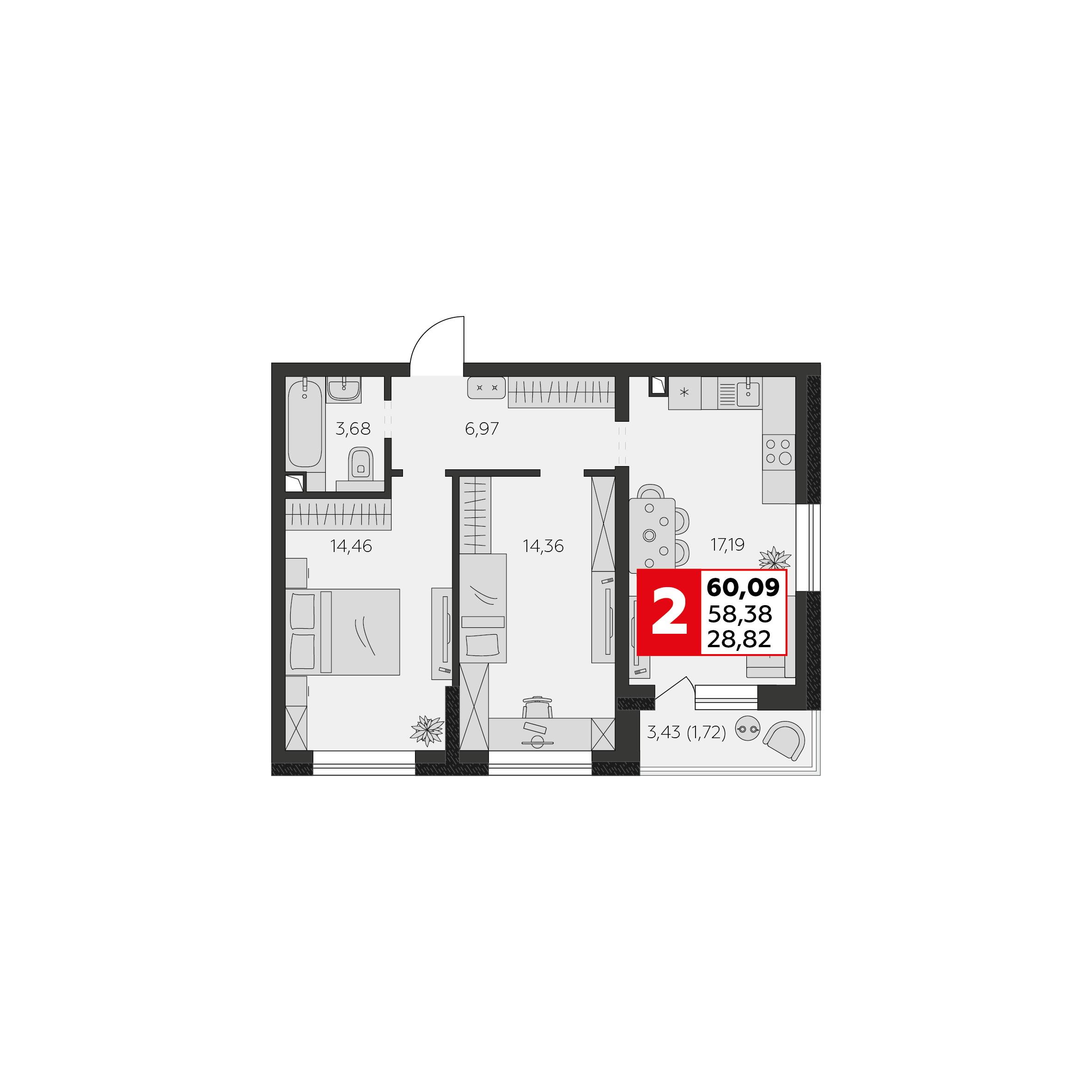 Планировка 2-комн. в ЖК «К24»