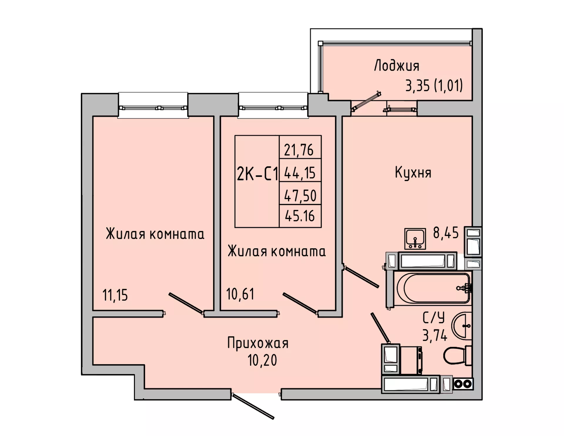 Планировка 2-комн. в ЖК «Луна»