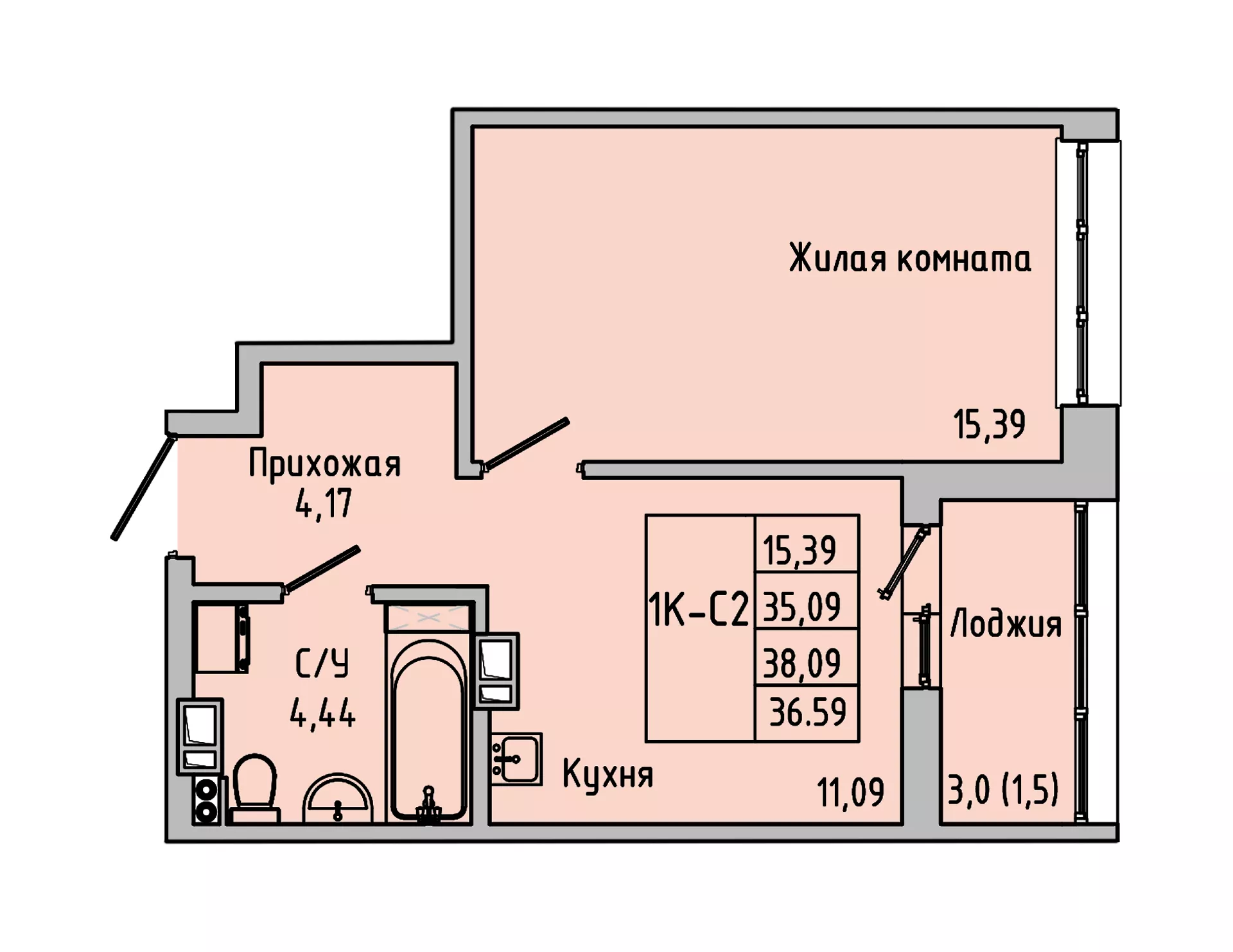 Планировка 1-комн. в ЖК «Луна»