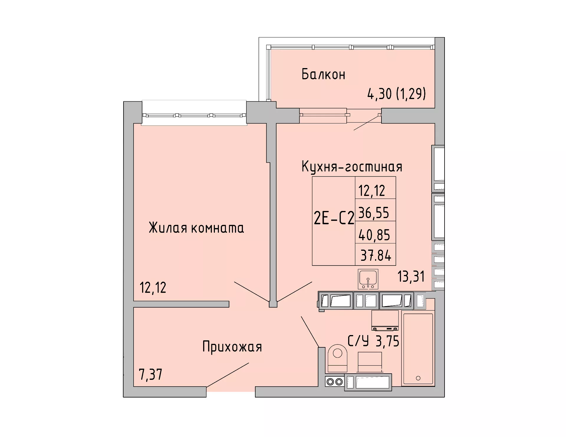 Планировка 1-комн. в ЖК «Луна»