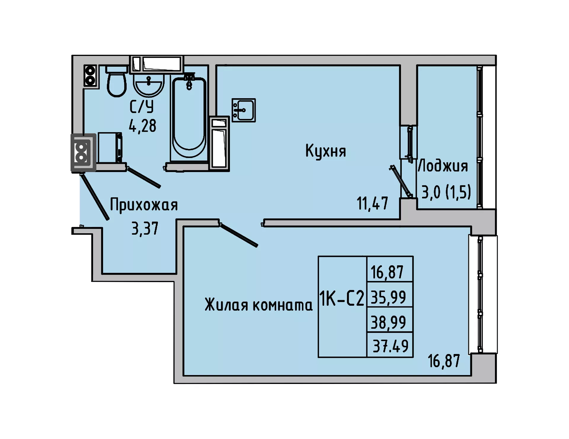 Планировка 1-комн. в ЖК «Луна»