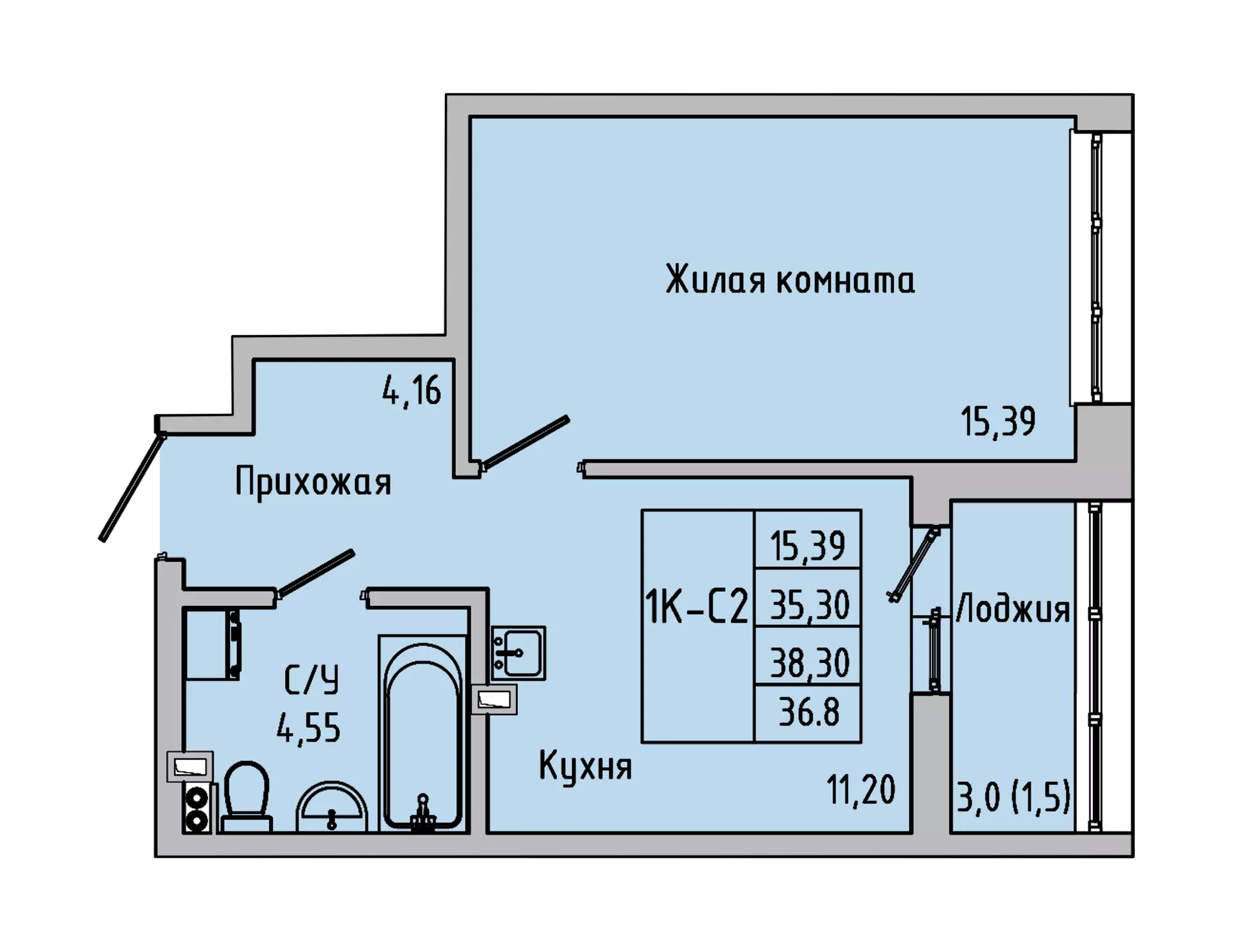 Планировка 1-комн. в ЖК «Луна»