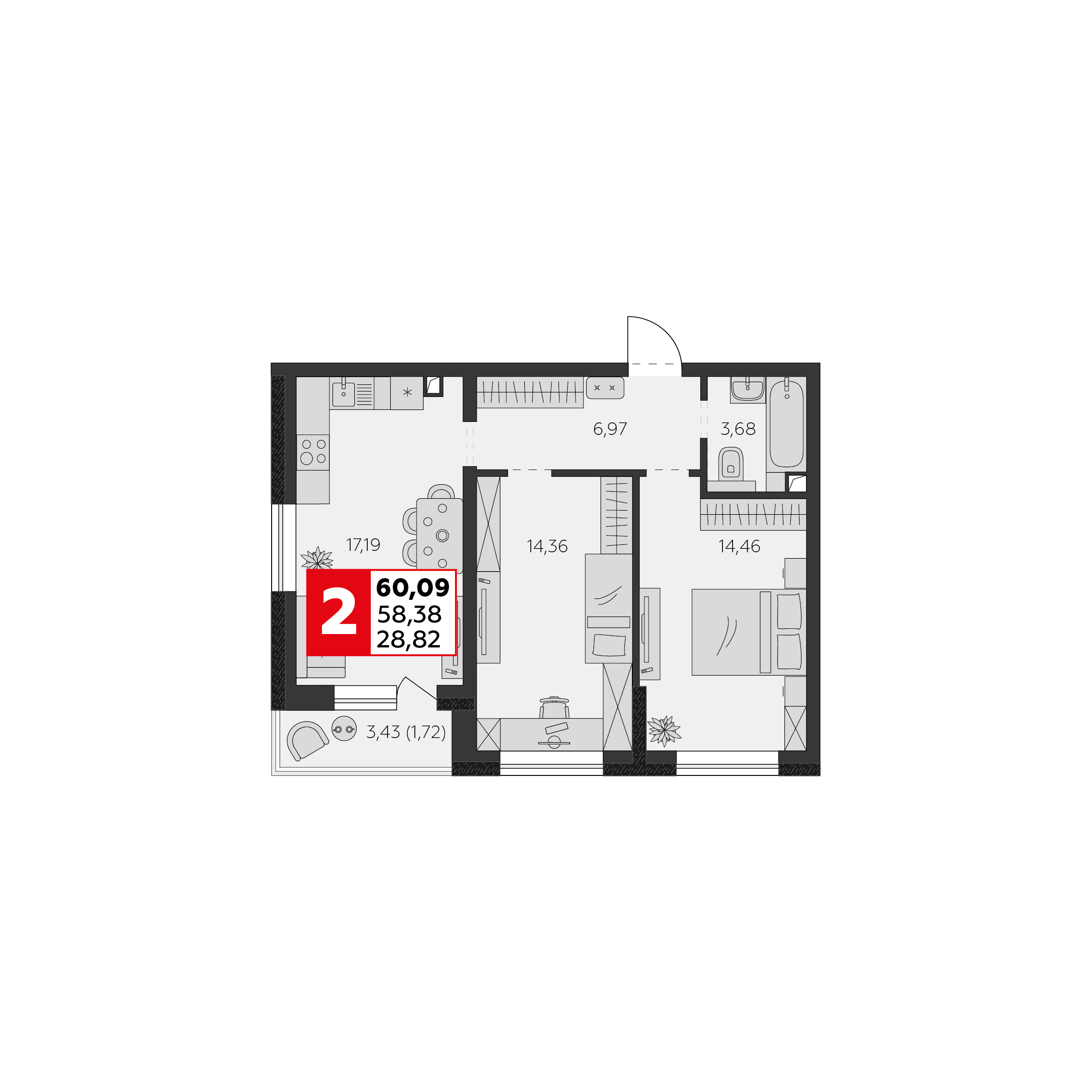 Планировка 2-комн. в ЖК «К24»