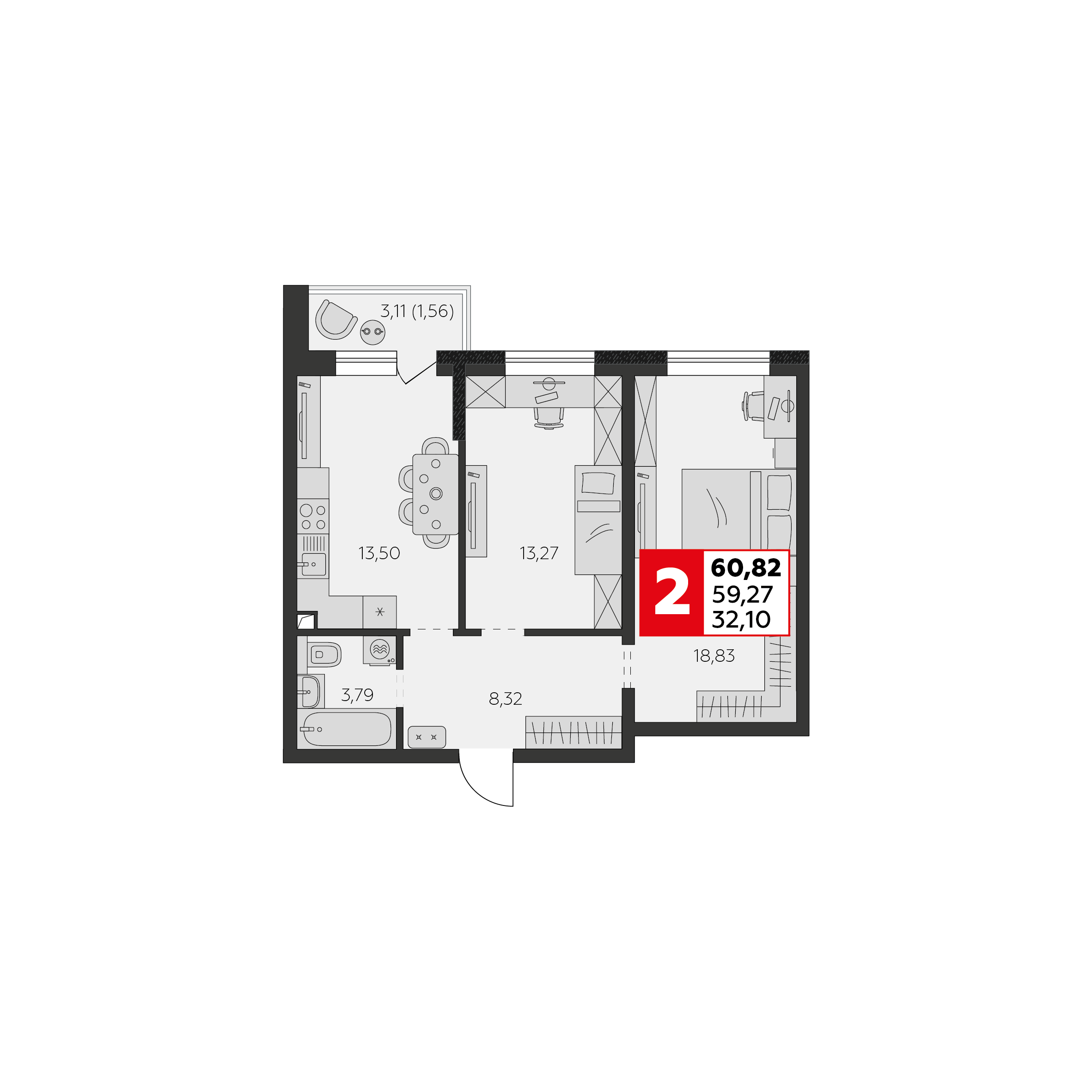 Планировка 2-комн. в ЖК «К24»