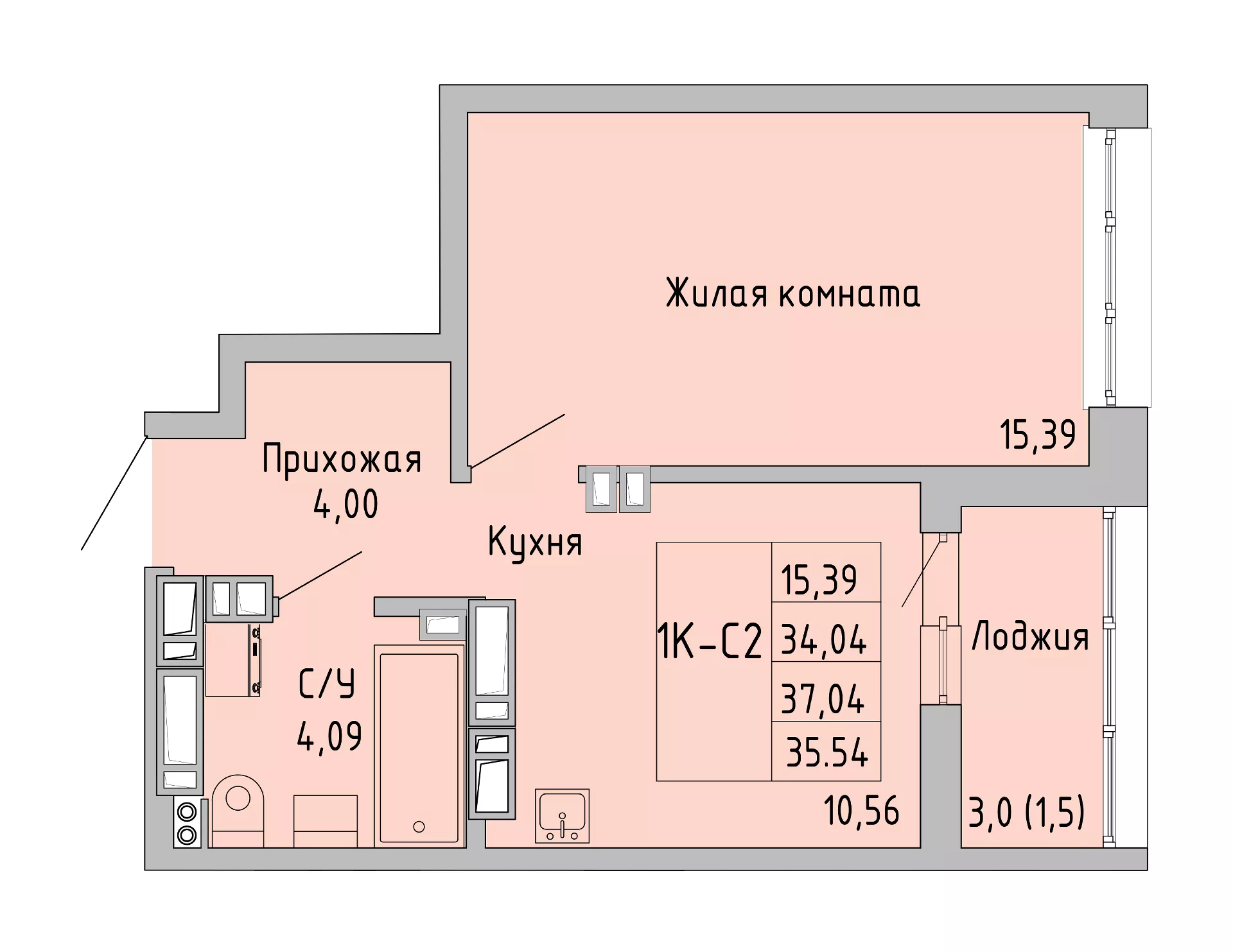 Планировка 1-комн. в ЖК «Луна»