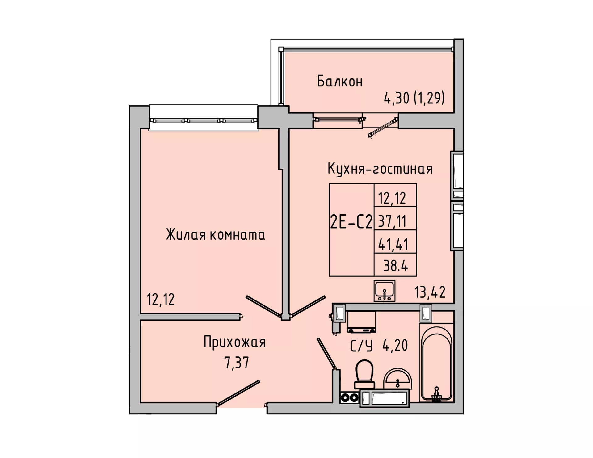 Планировка 1-комн. в ЖК «Луна»