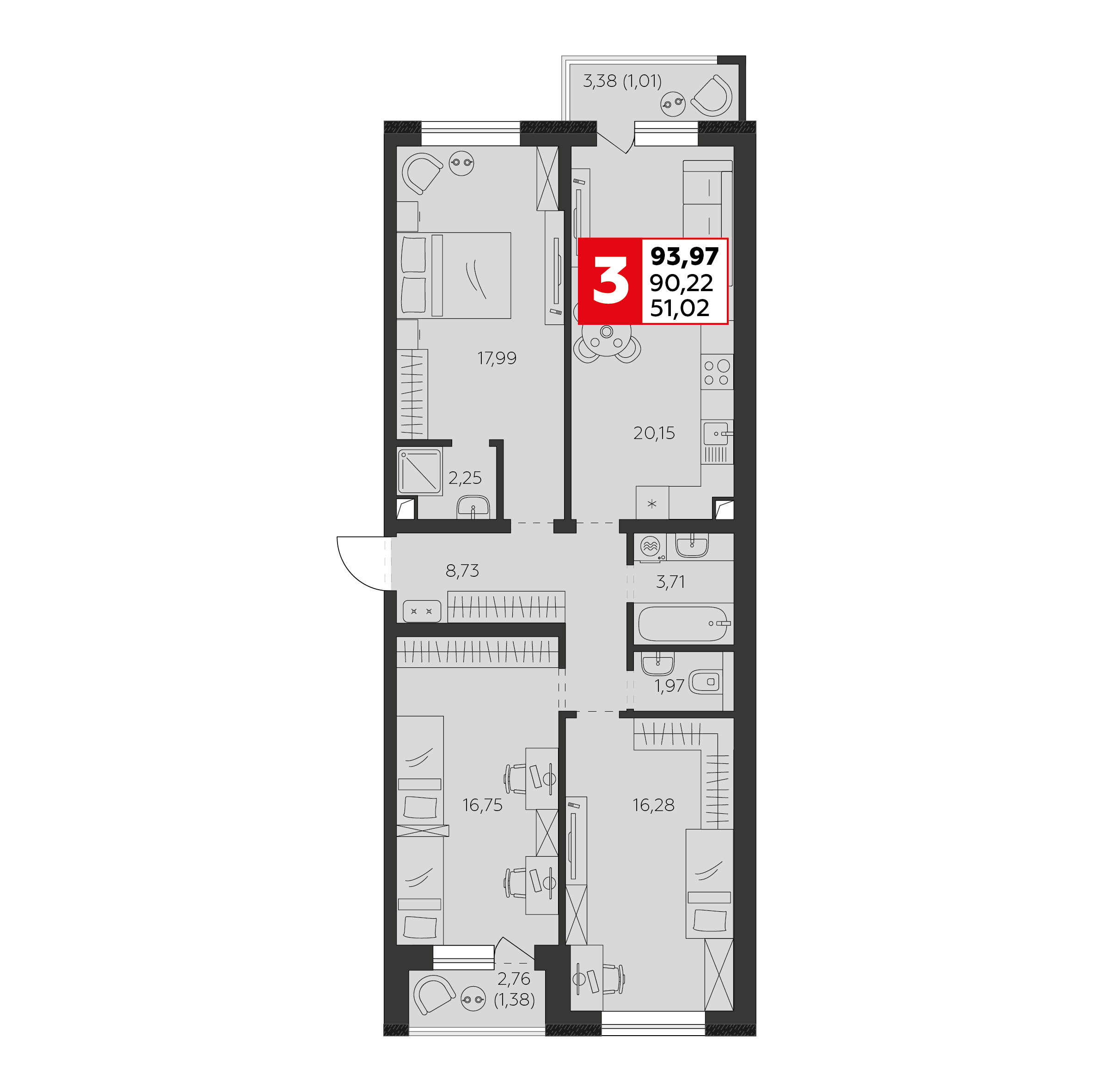 Планировка 3-комн. в ЖК «К24»