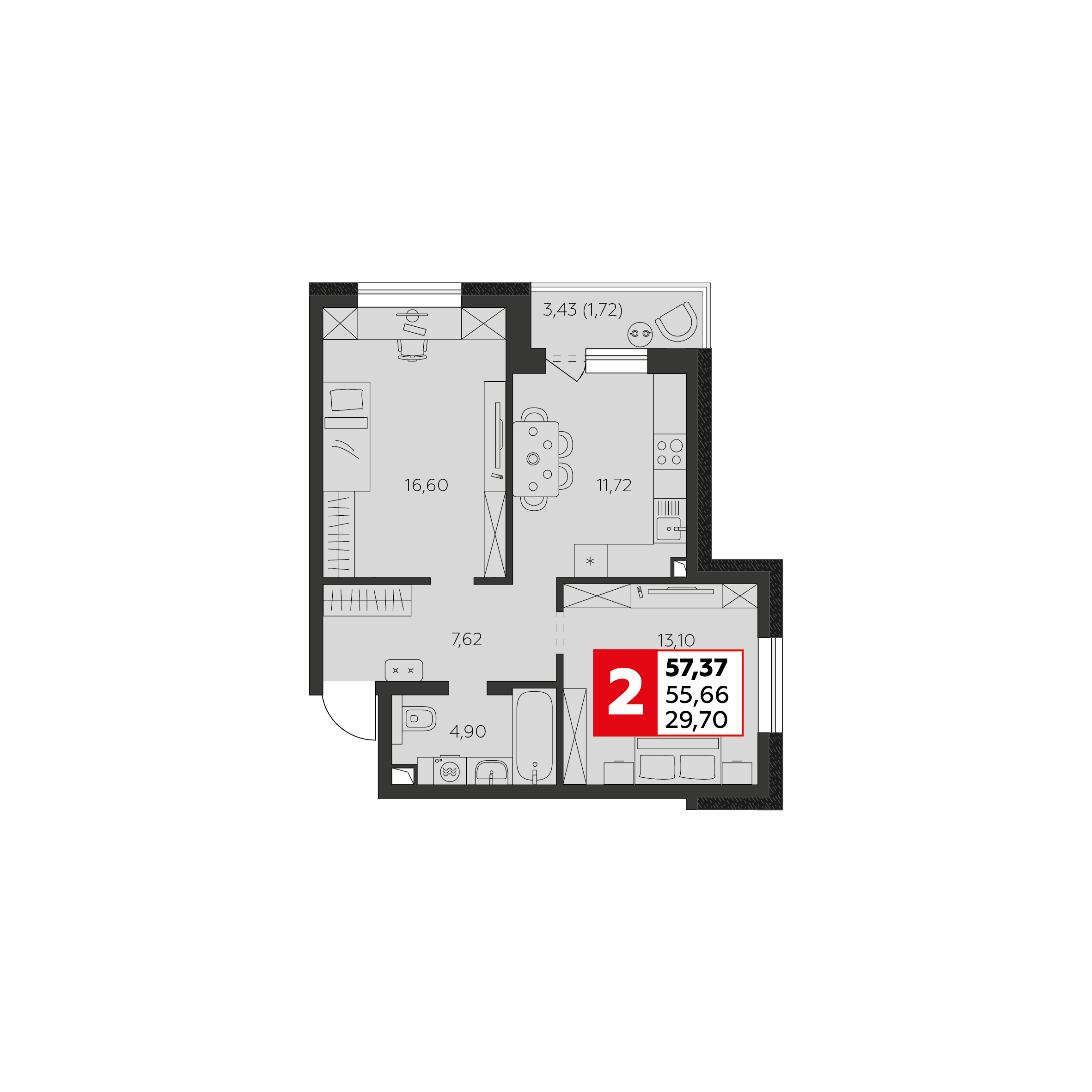 Планировка 2-комн. в ЖК «К24»
