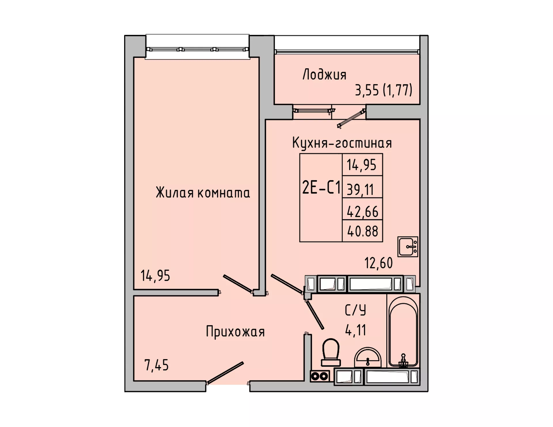 Планировка 2-евро в ЖК «Луна»