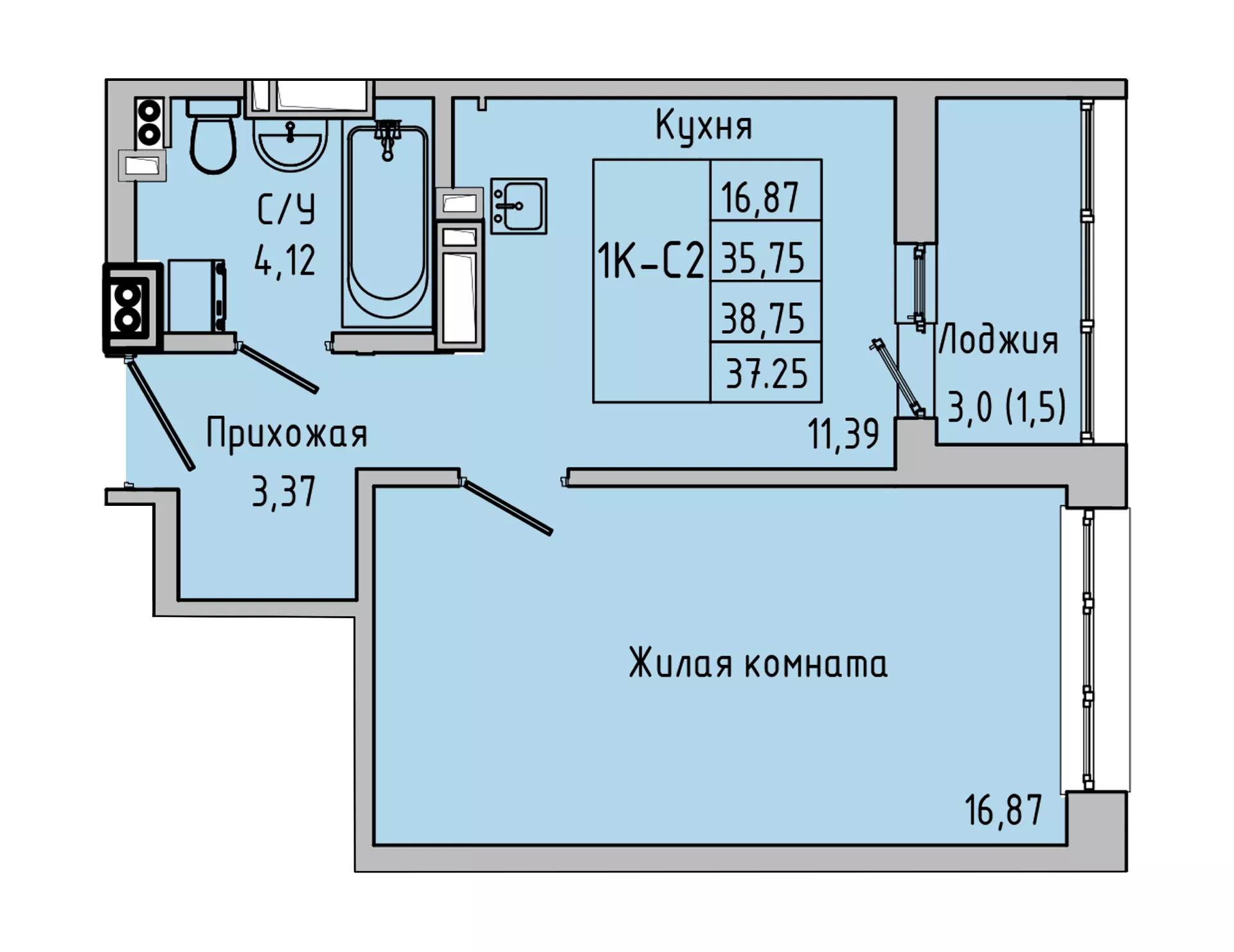 Планировка 1-комн. в ЖК «Луна»