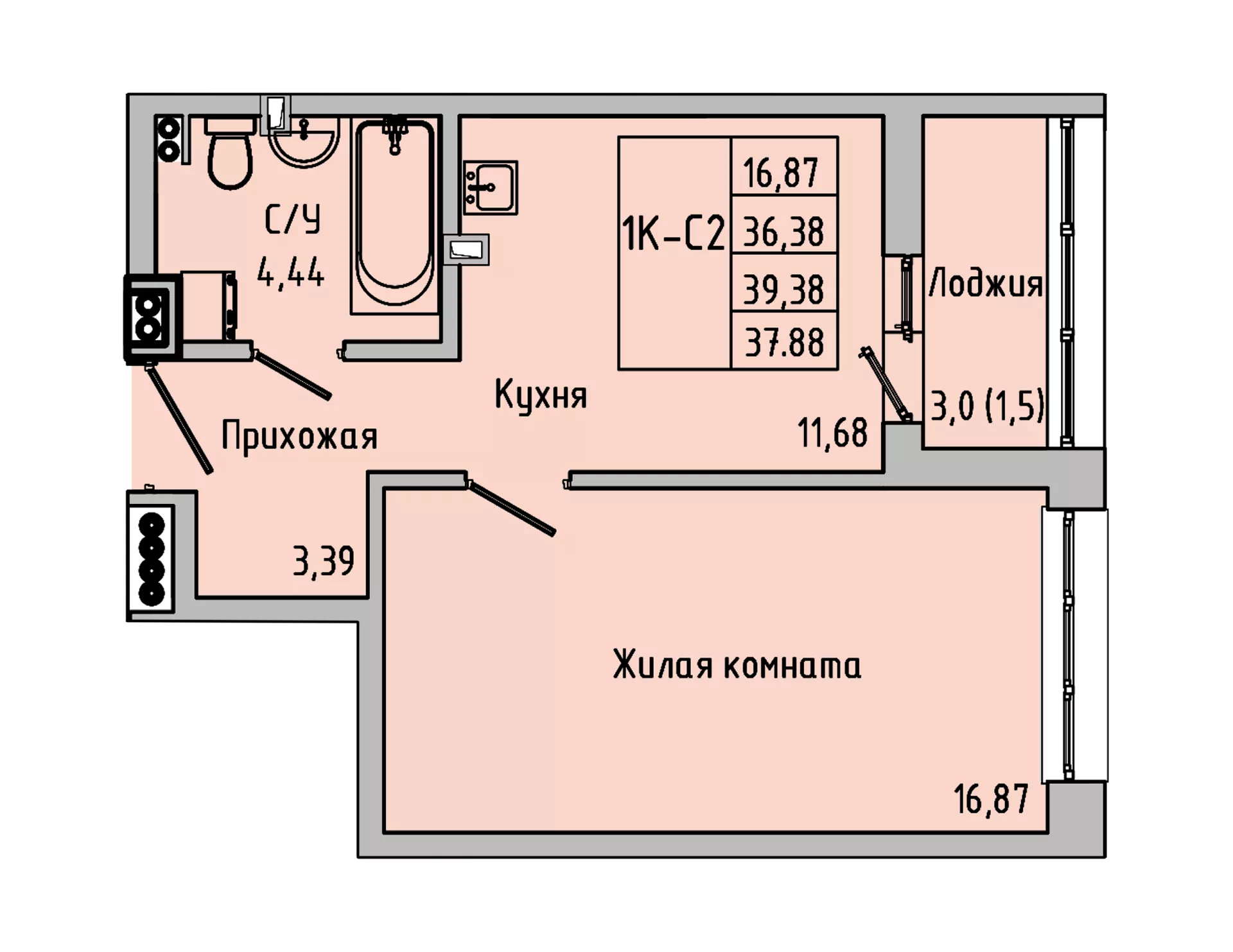 Планировка 1-комн. в ЖК «Луна»