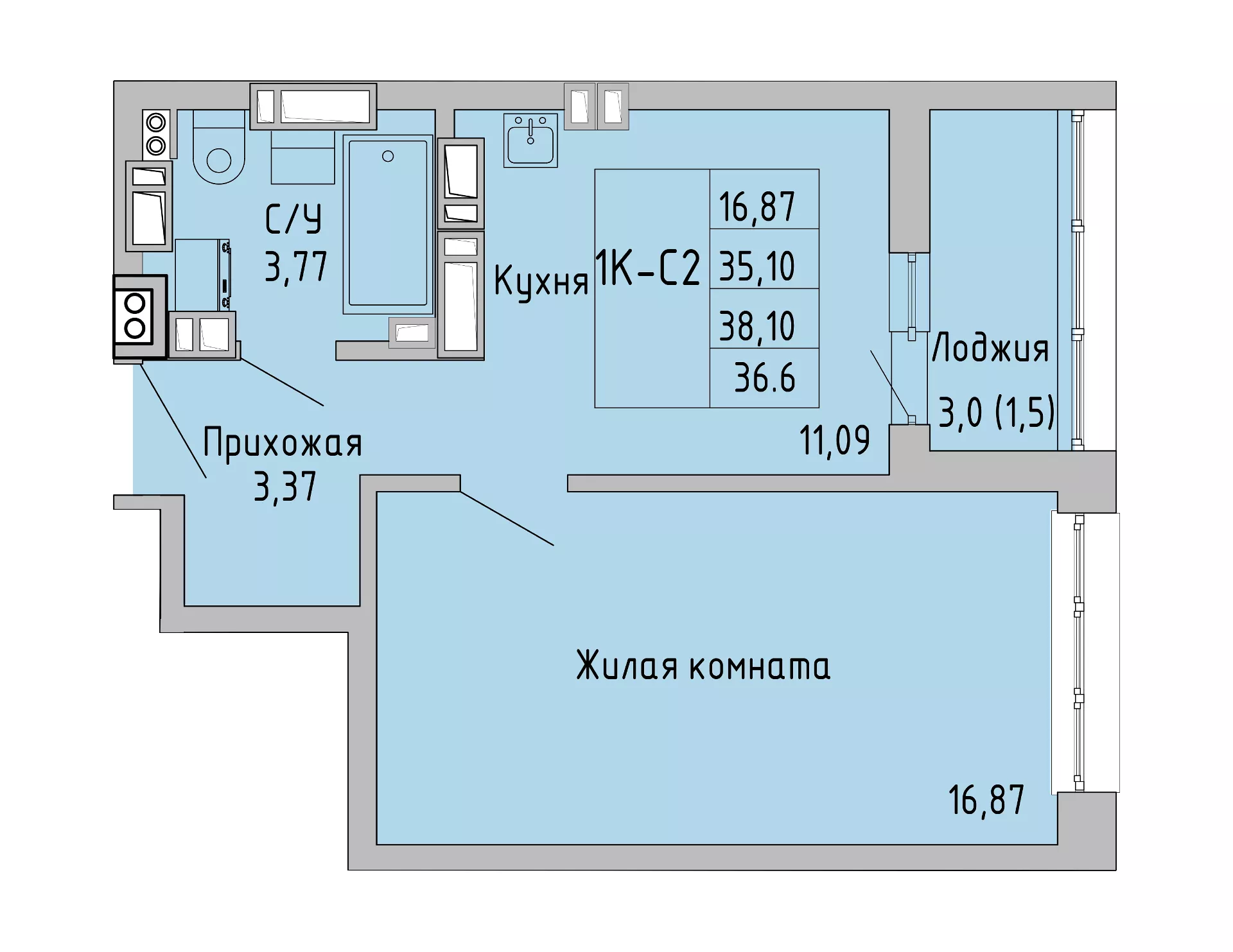 Планировка 1-комн. в ЖК «Луна»