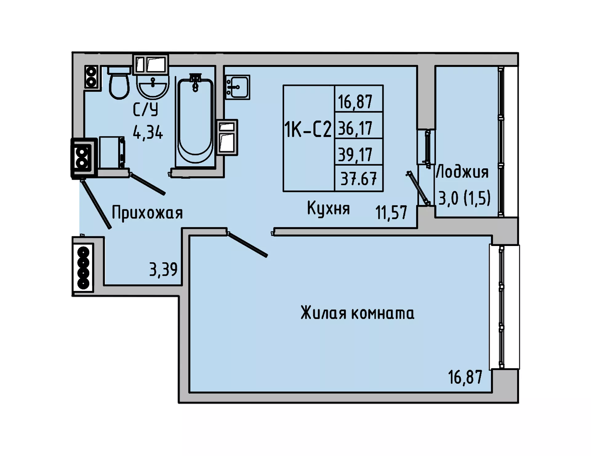 Планировка 1-комн. в ЖК «Луна»