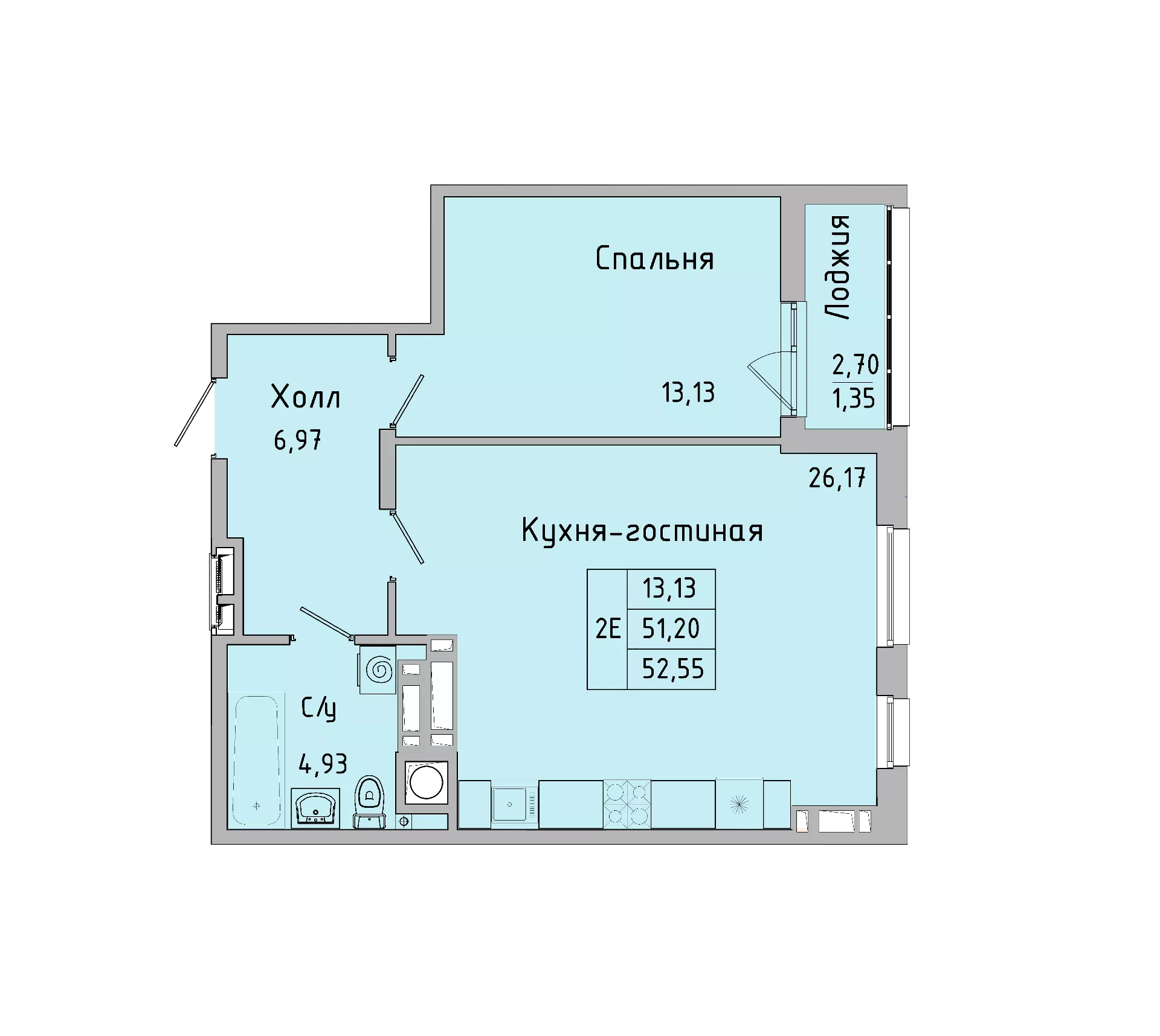 Планировка 2-евро в ЖК «Пальмира 2.0»