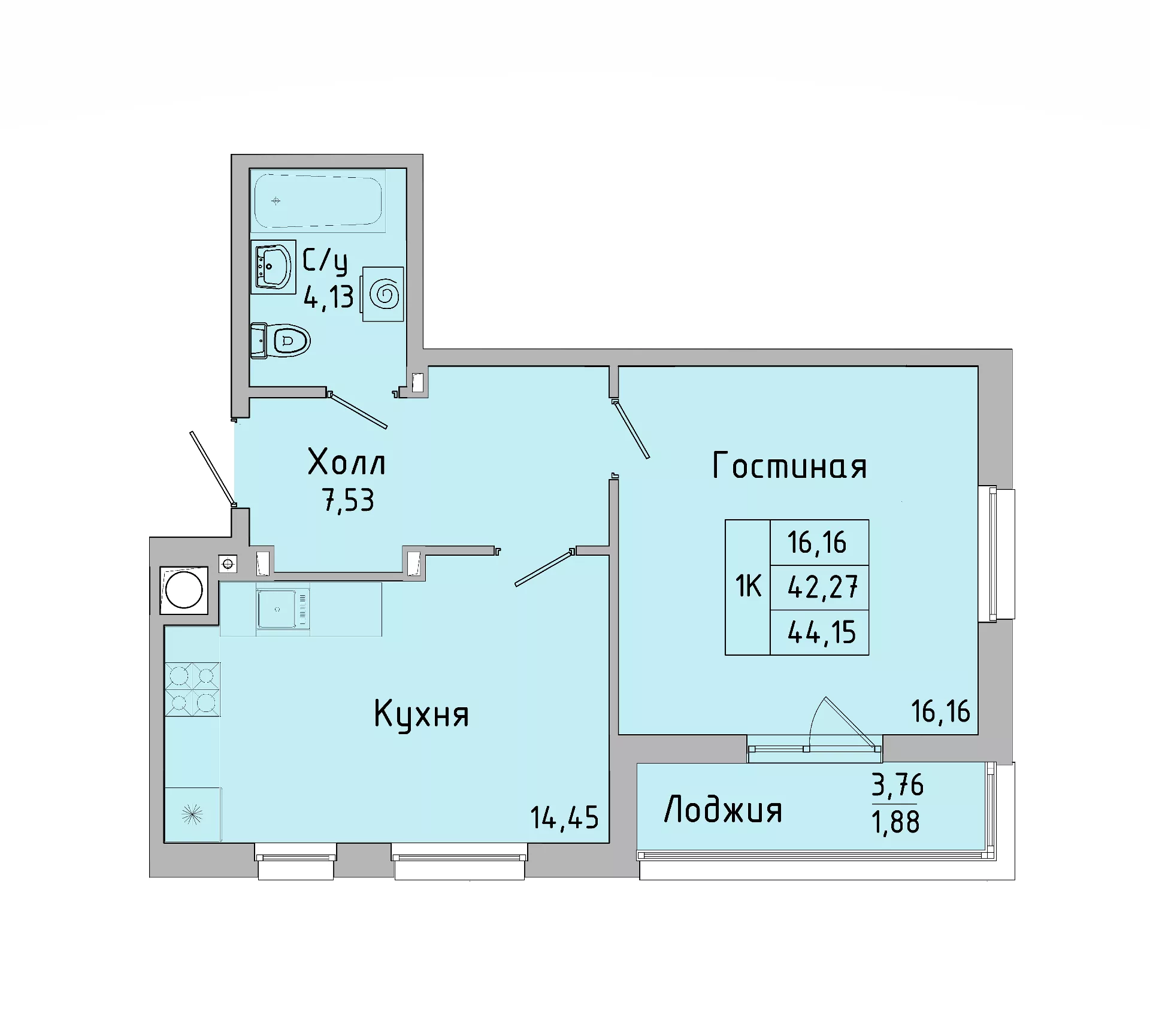 Планировка 1-комн. в ЖК «Пальмира 2.0»