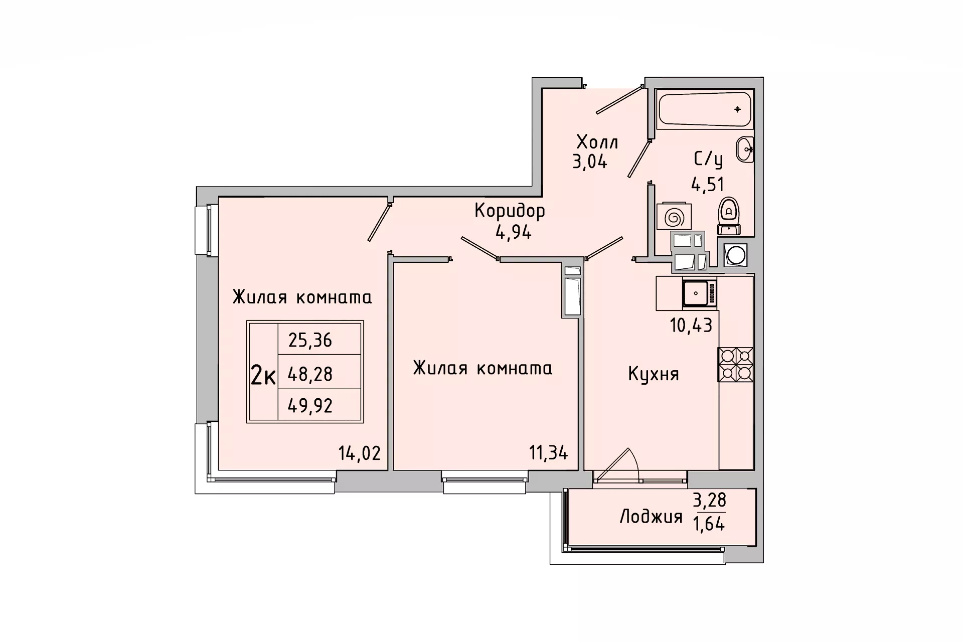 Планировка 2-комн. в ЖК «Пальмира 2.0»