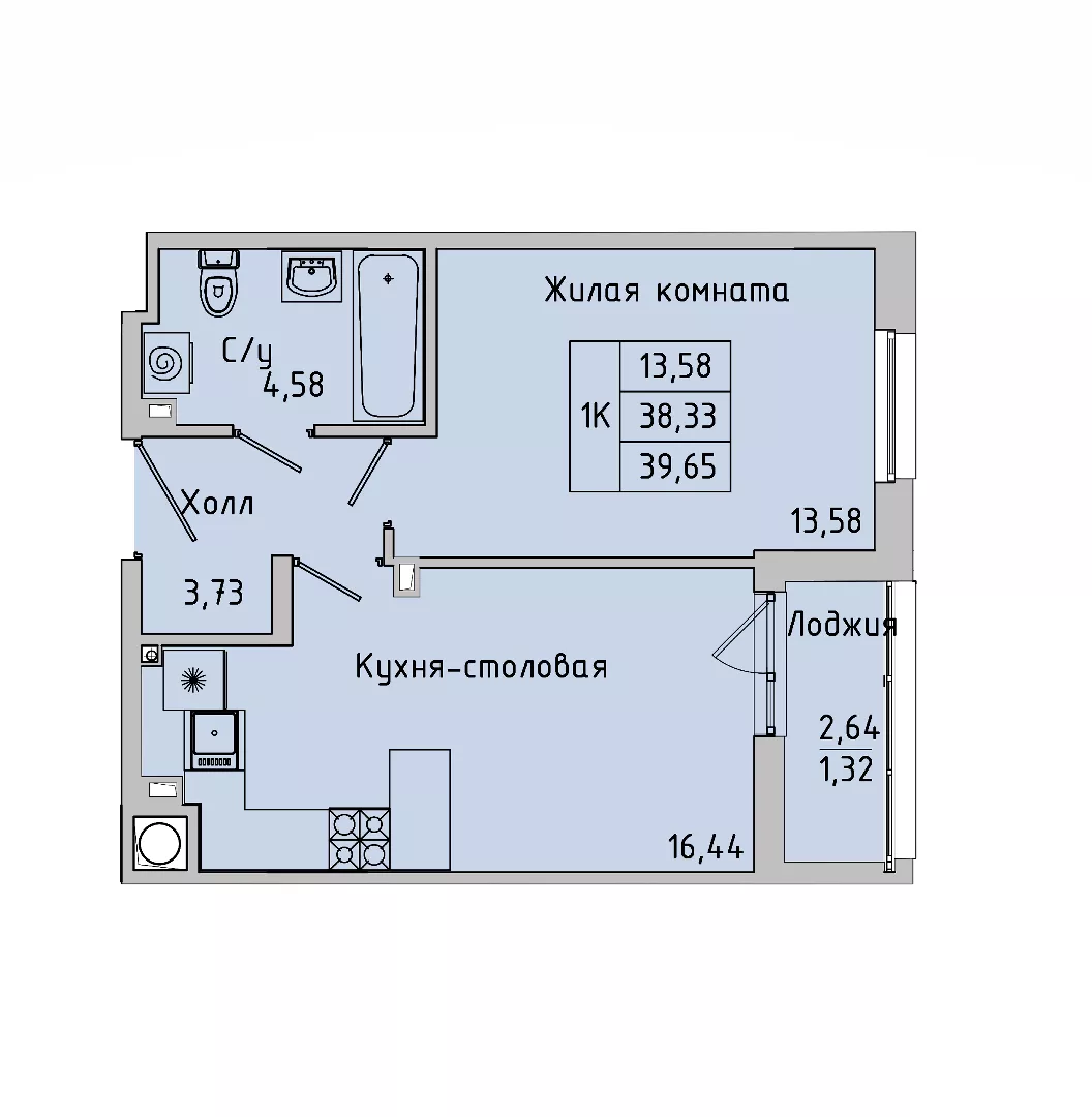 Планировка 1-комн. в ЖК «Пальмира 2.0»