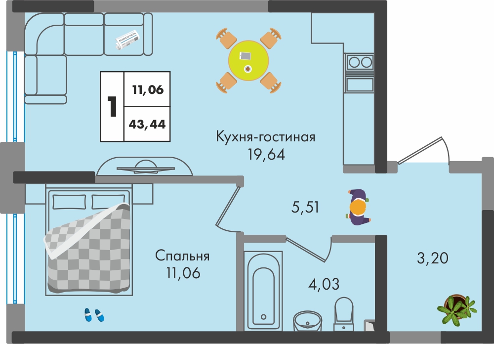 Планировка 1-комн. в ЖК «Зеленая территория»