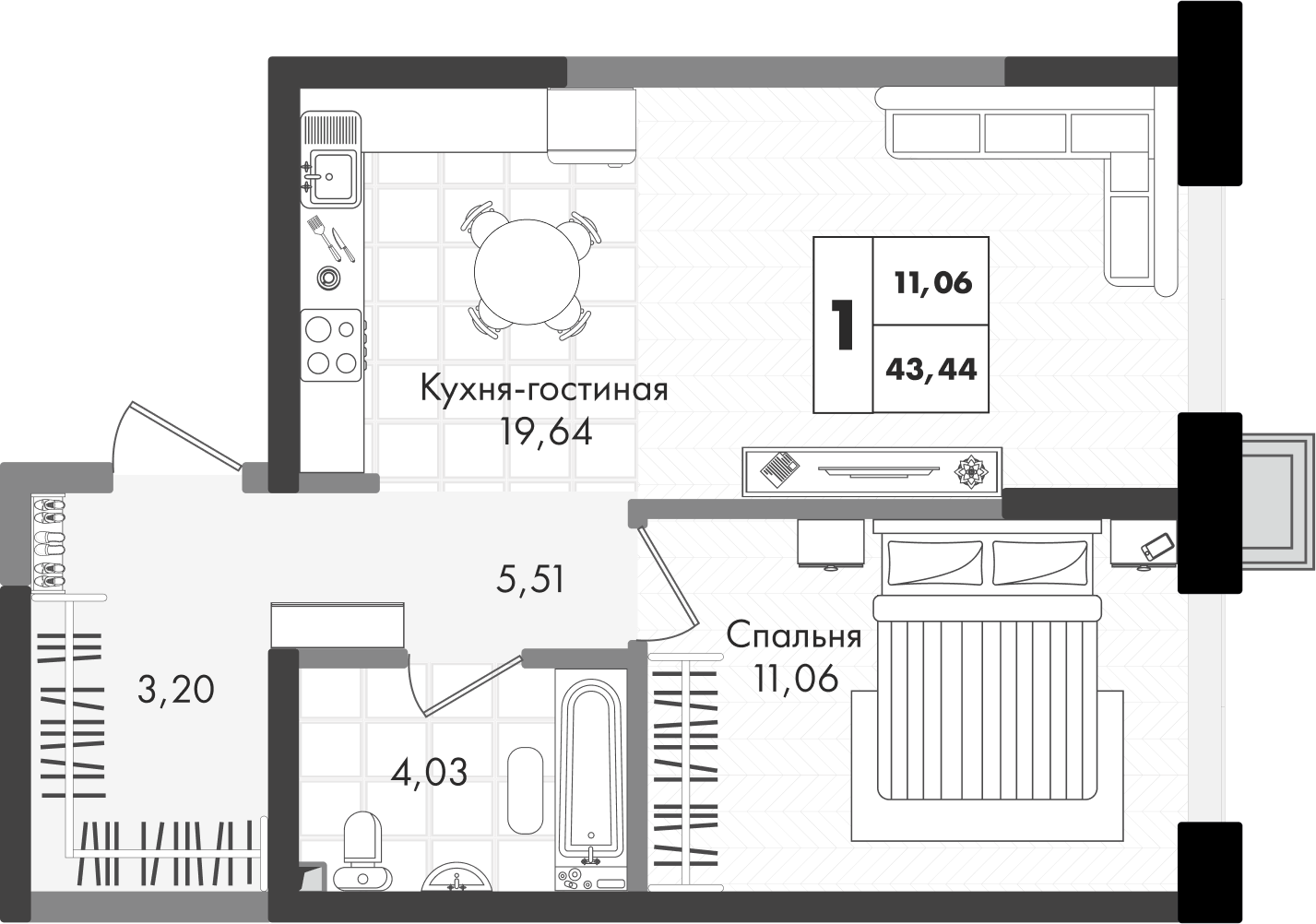 Планировка 1-комн. в ЖК «Зеленая территория»