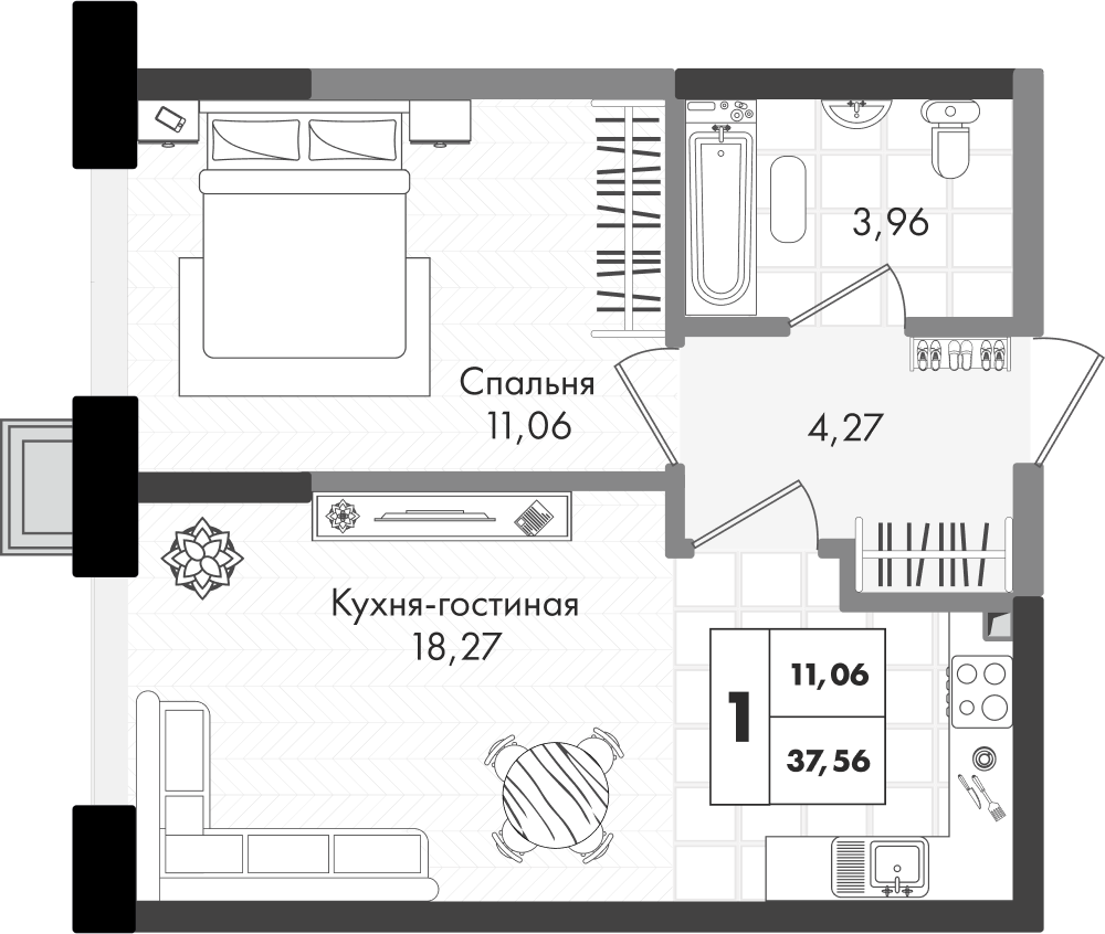 Планировка 1-комн. в ЖК «Зеленая территория»