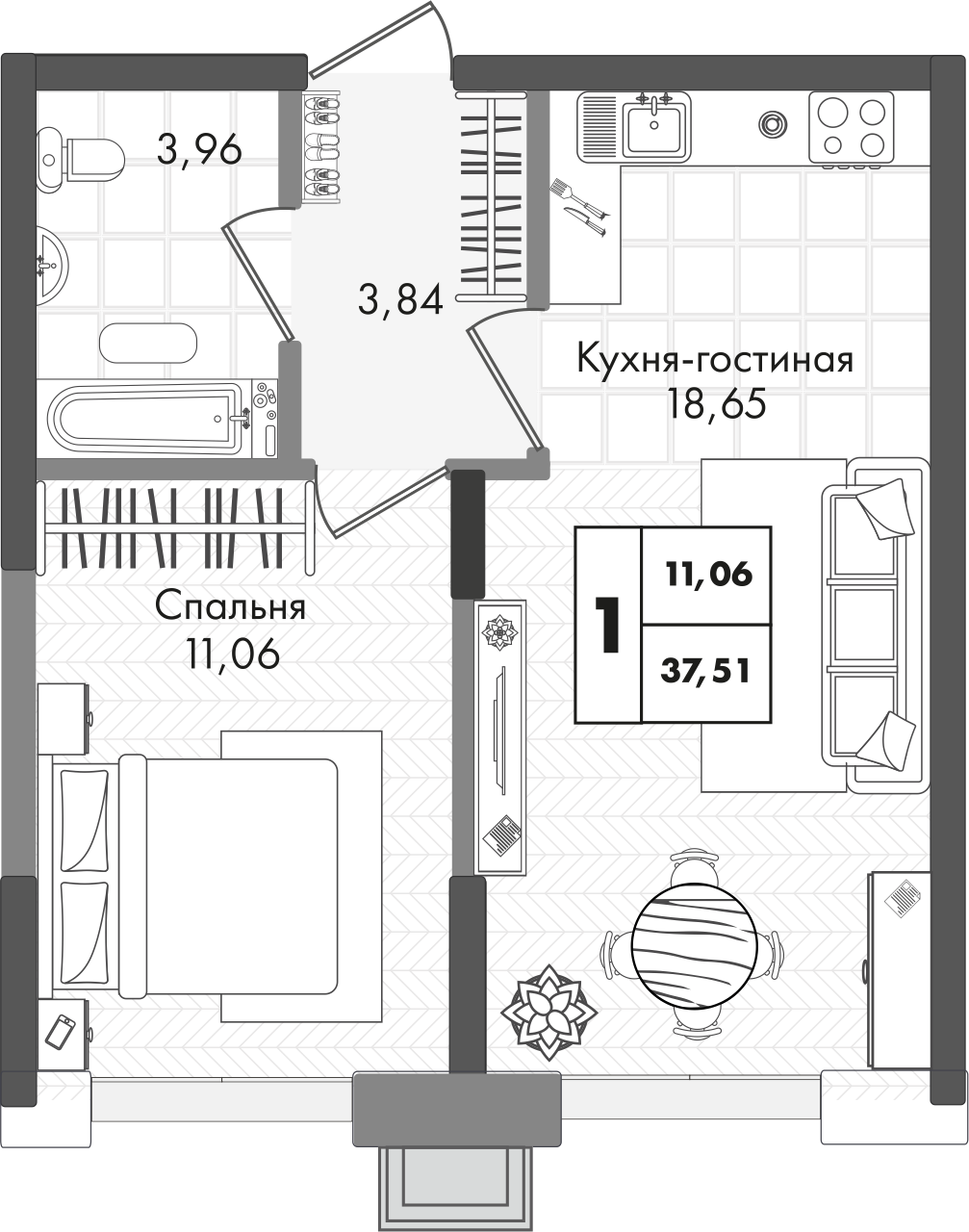 Планировка 1-комн. в ЖК «Зеленая территория»