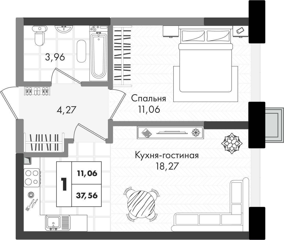 Планировка 1-комн. в ЖК «Зеленая территория»