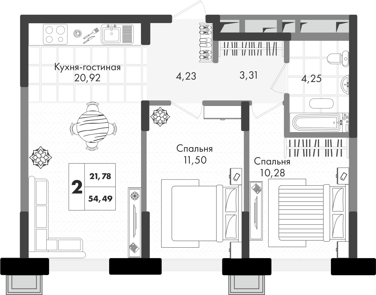 Планировка 2-комн. в ЖК «Зеленая территория»