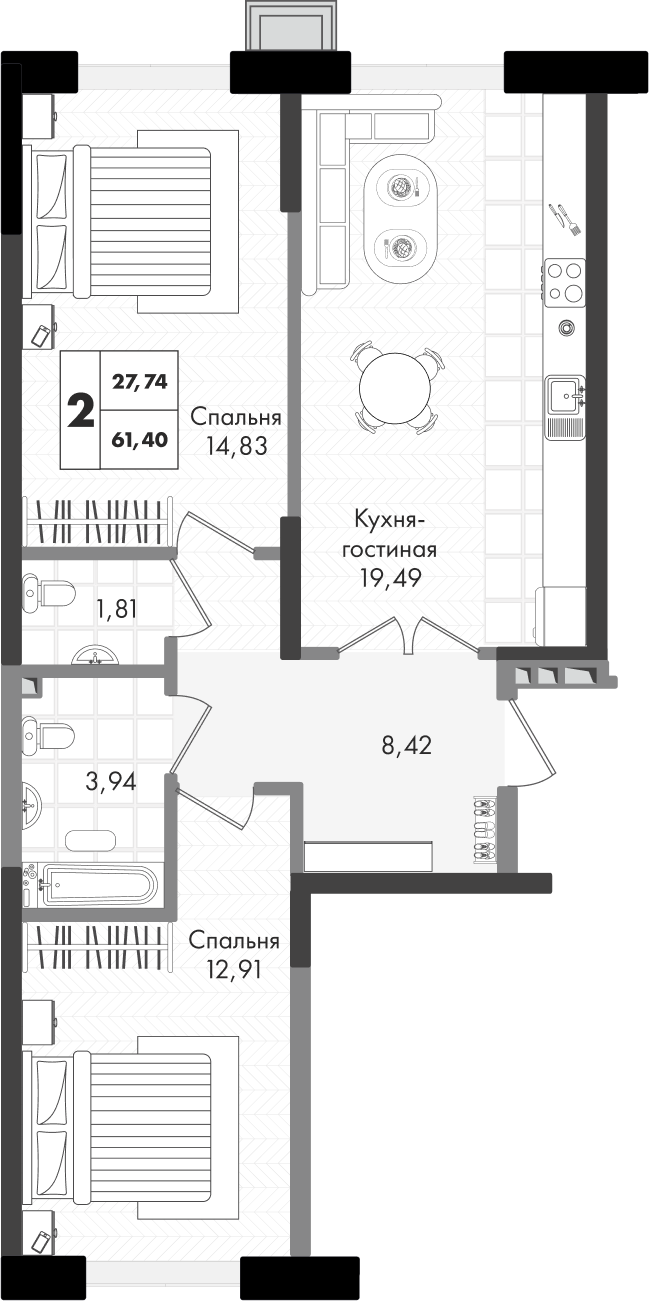 Планировка 2-комн. в ЖК «Зеленая территория»