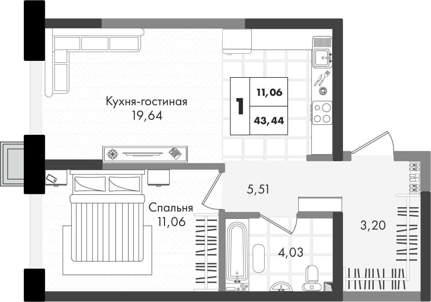 Планировка 1-комн. в ЖК «Зеленая территория»