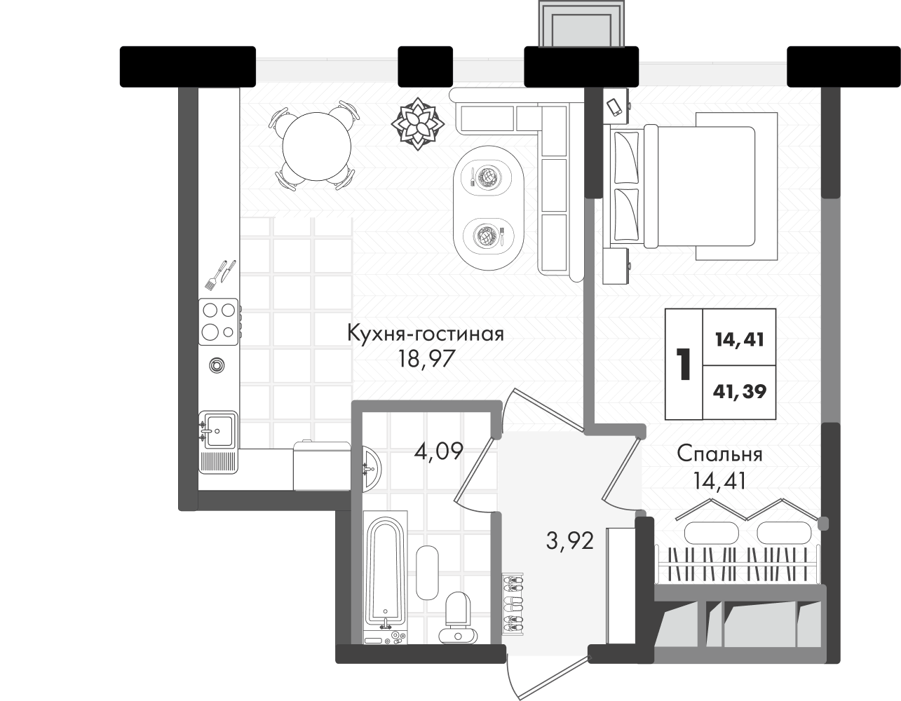 Планировка 1-комн. в ЖК «Зеленая территория»