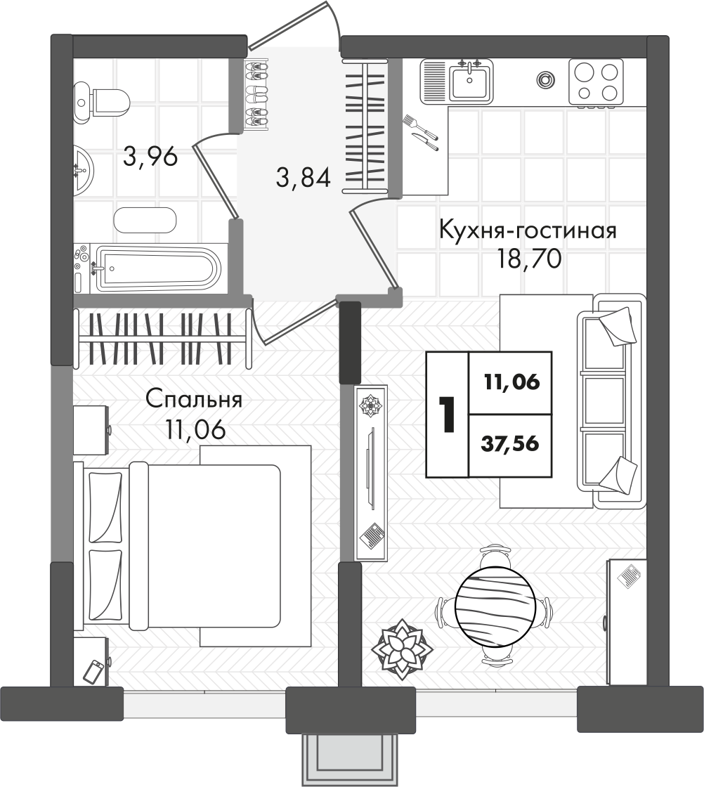 Планировка 1-комн. в ЖК «Зеленая территория»