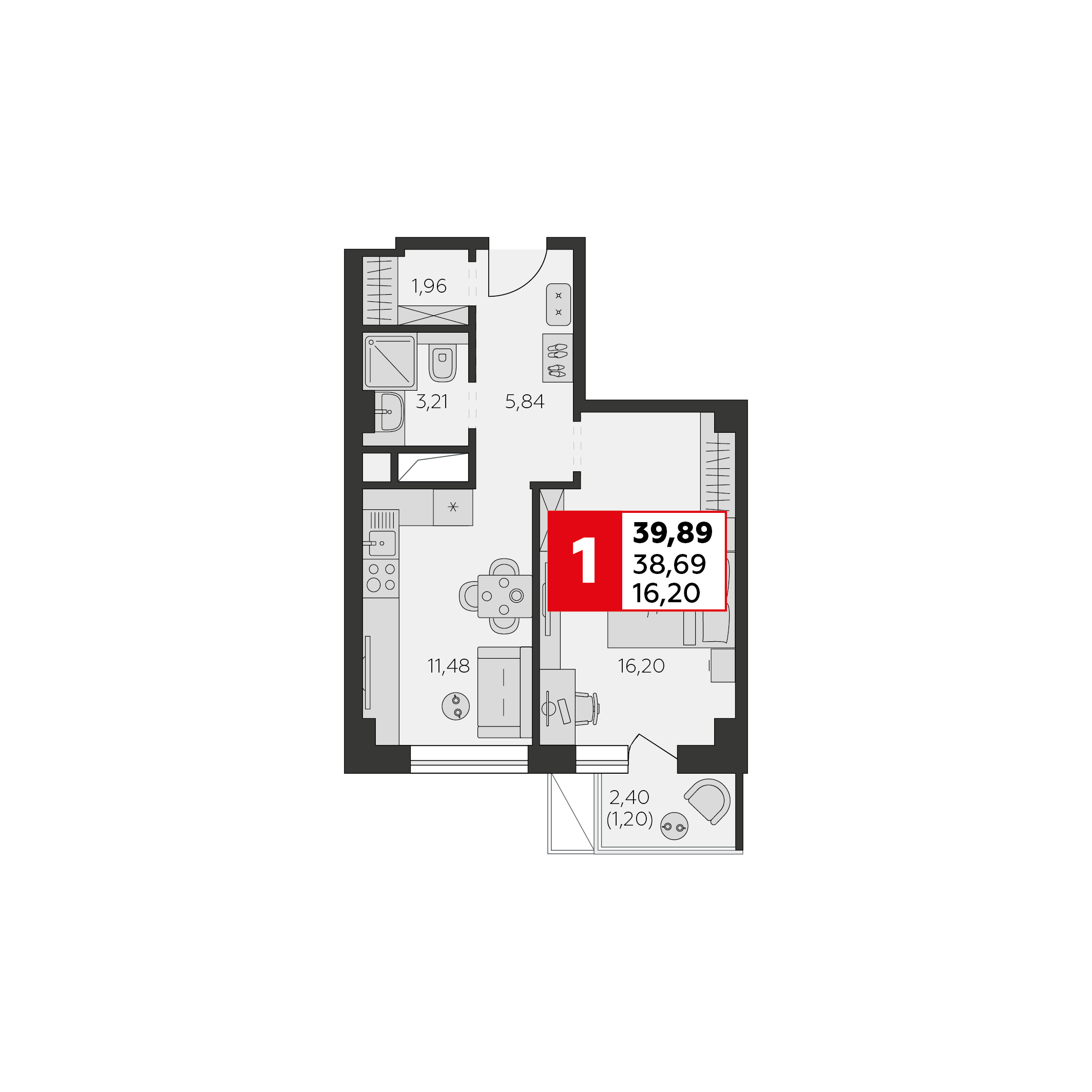 Планировка 1-комн. в ЖК «Высотка»