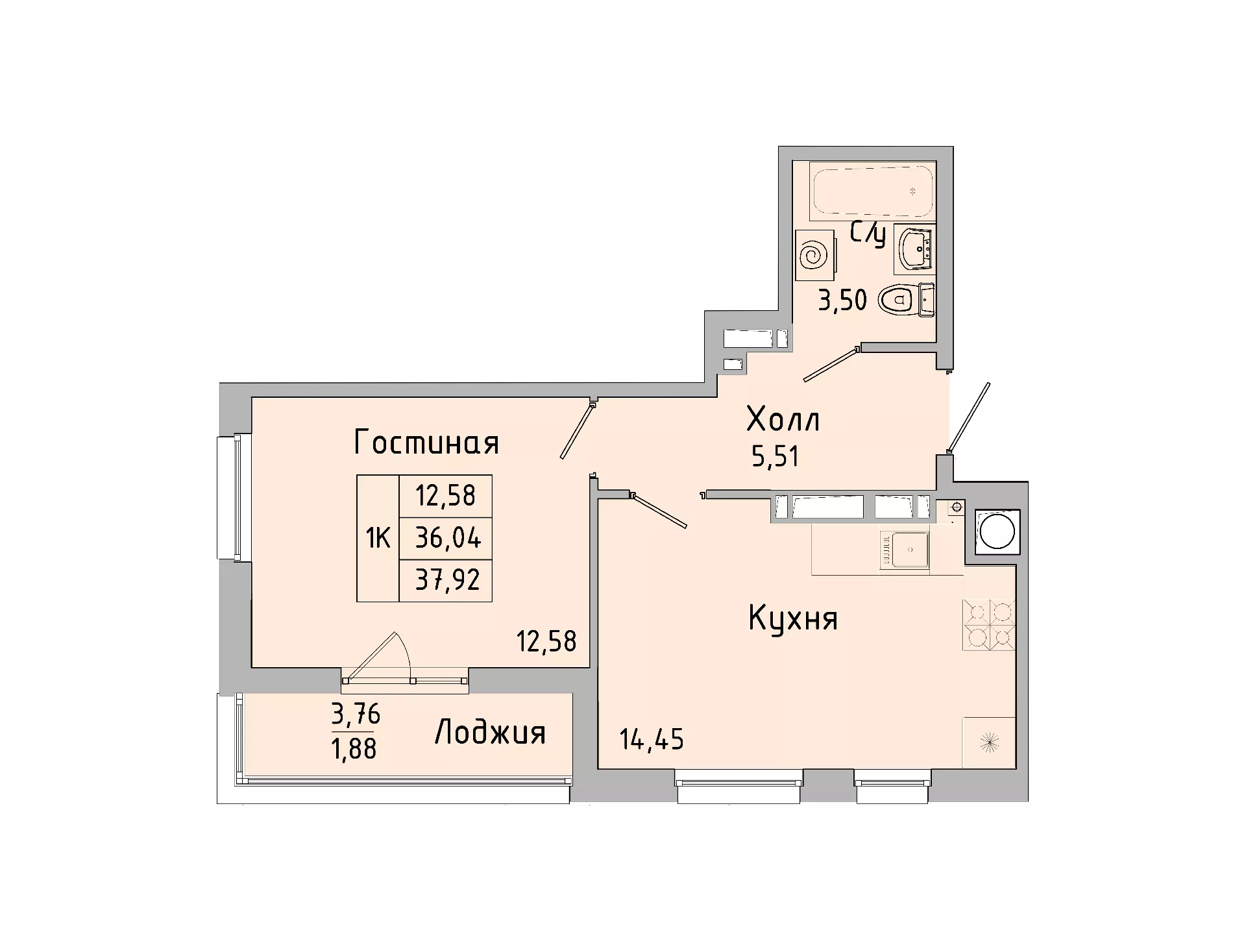 Планировка 1-комн. в ЖК «Пальмира 2.0»