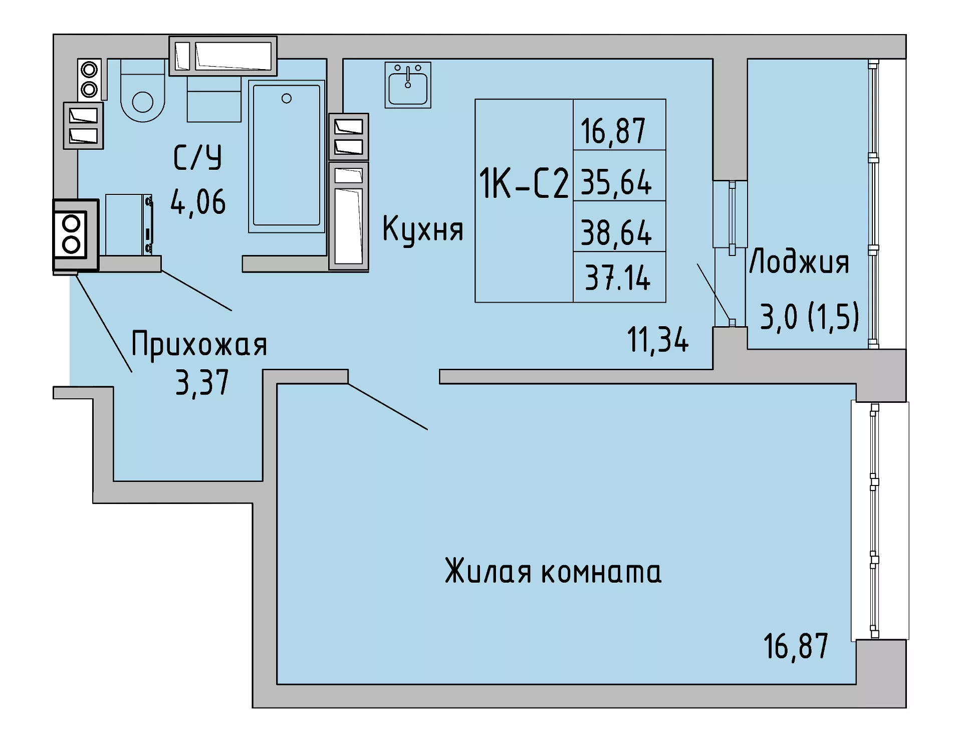 Планировка 1-комн. в ЖК «Луна»