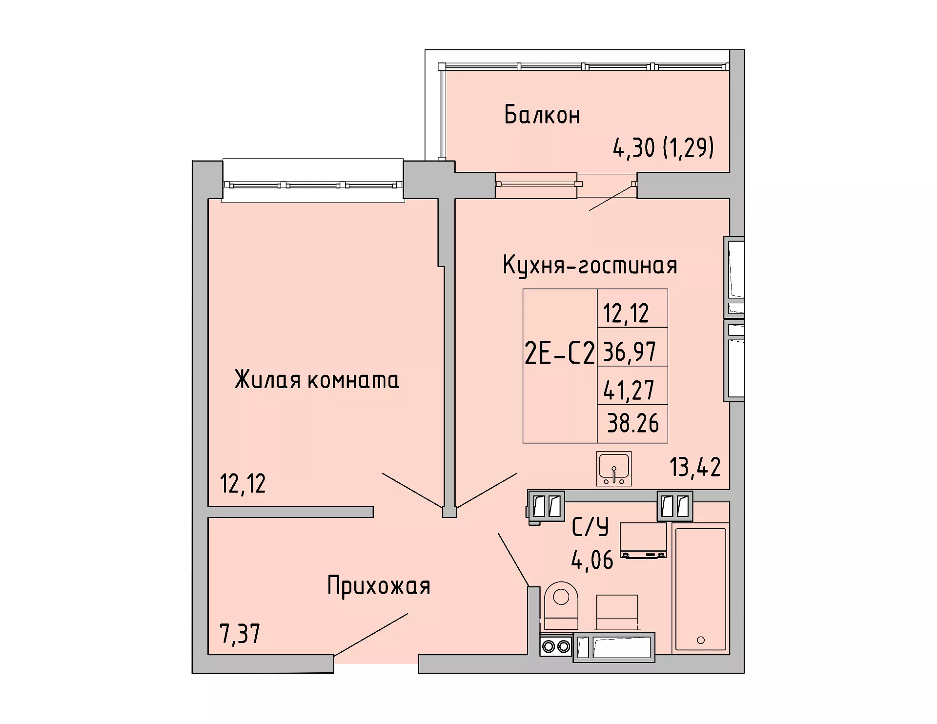 Планировка 1-комн. в ЖК «Луна»