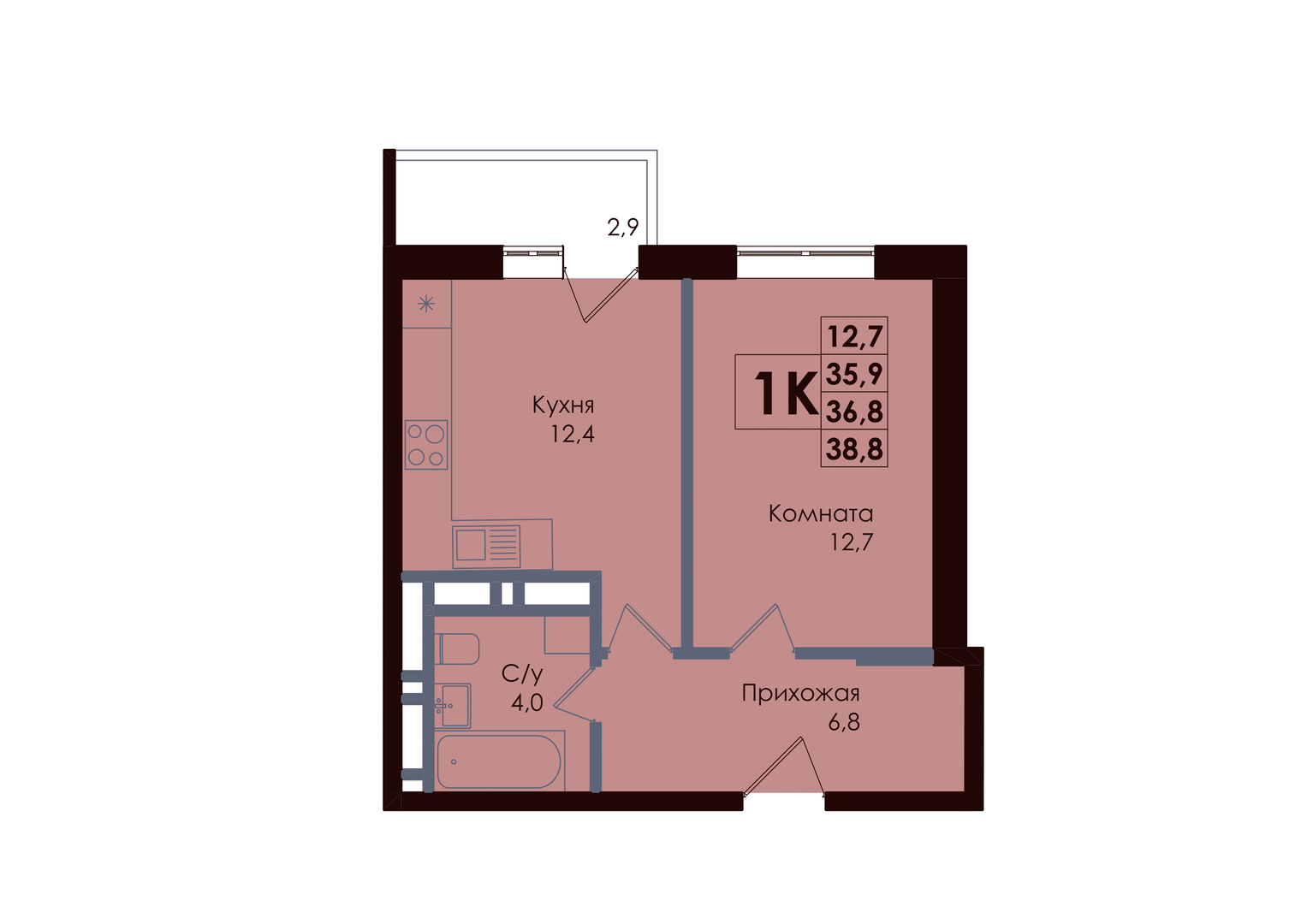 Планировка 1-комн. в ЖК «ACADEMIA»