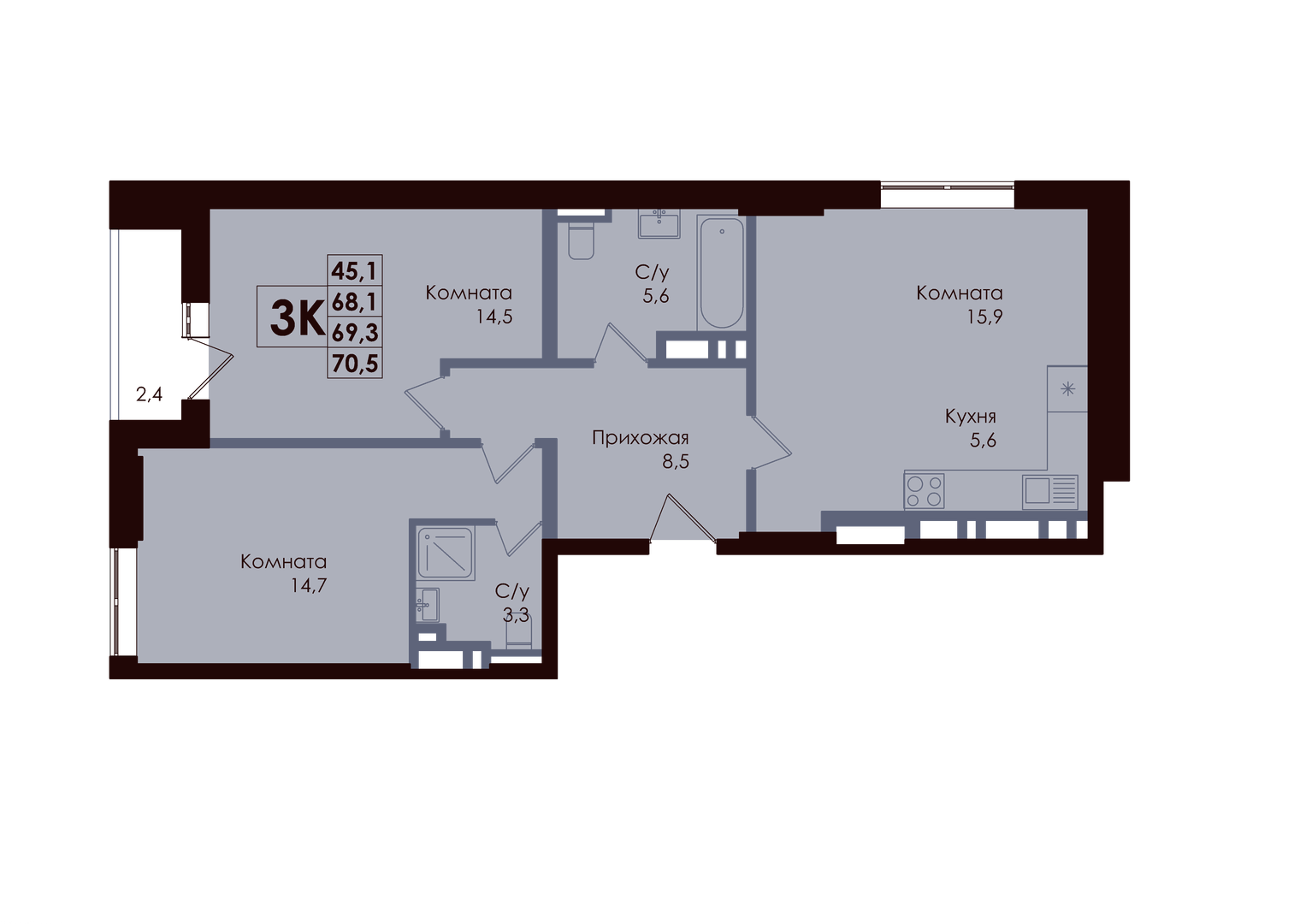Планировка 3-евро в ЖК «ACADEMIA»