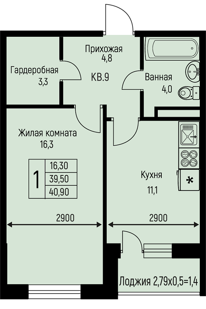 Планировка 1-комн. в ЖК «Nova Vita»