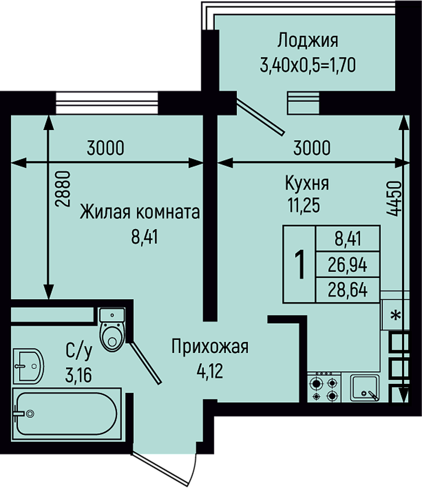 Планировка 1-комн. в ЖК «Botanica Hills»